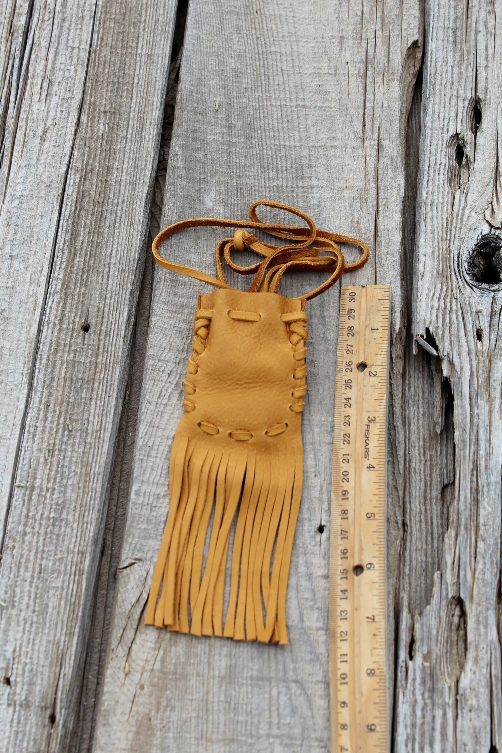 Fringed leather medicine bag, necklace amulet pouch