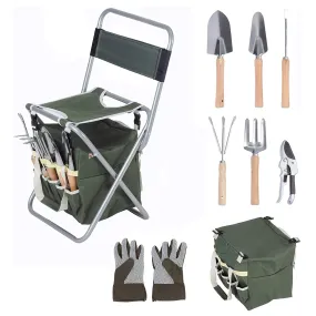 Garden Tool Set 9 Piece Gardening Tools with Ergonomic Wooden Handle Sturdy Stool with Detachable Tool Kit