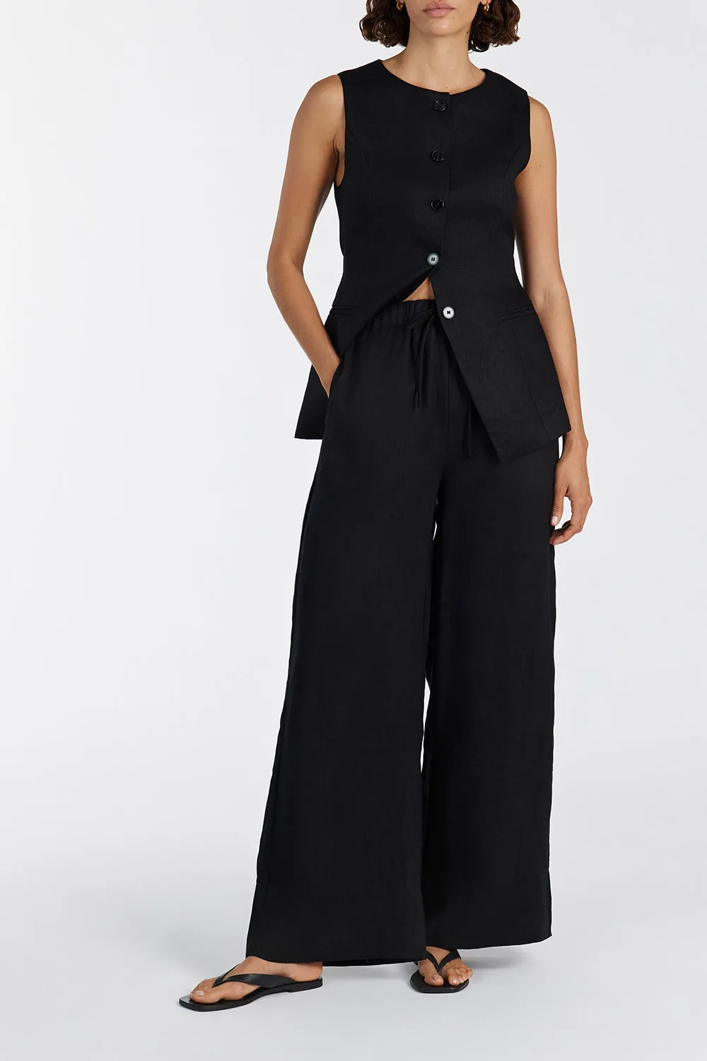 GINA BLACK LINEN ELASTIC WAIST PANT