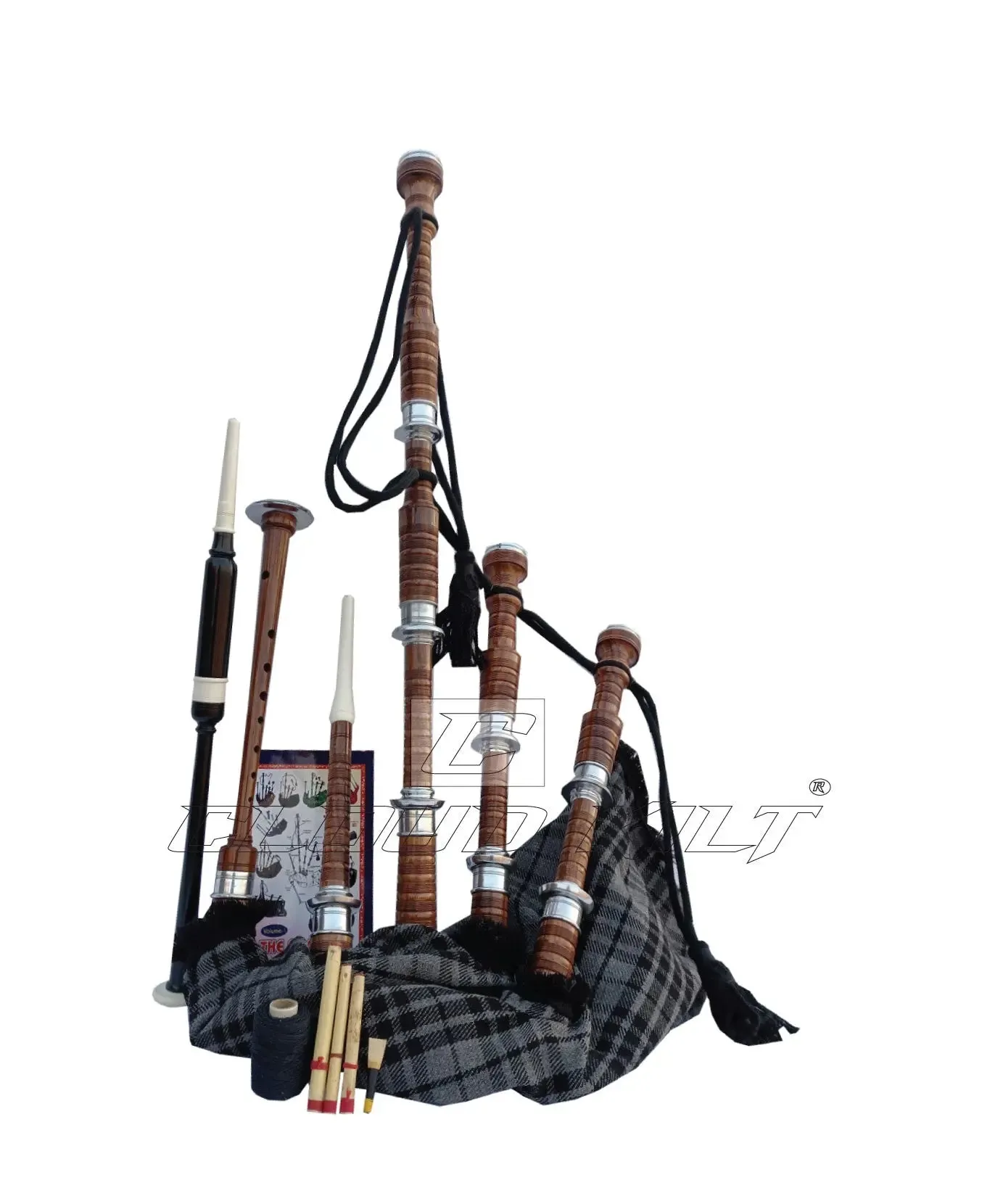 Gray Watch Tartan Bagpipe Set Brown & Silver Finish With Hard Case