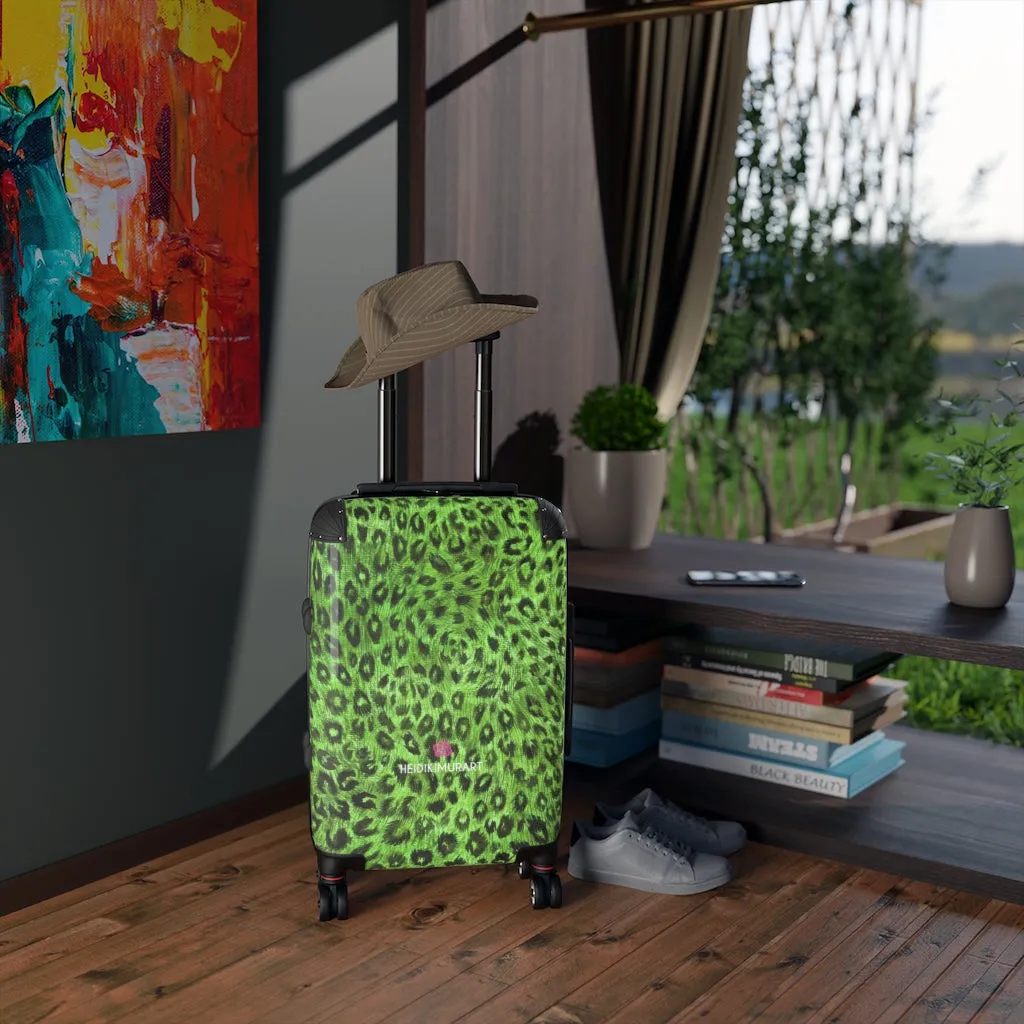 Green Leopard Print Cabin Suitcase, Animal Print Small Premium Luxury Carry On Luggage For Men or Women