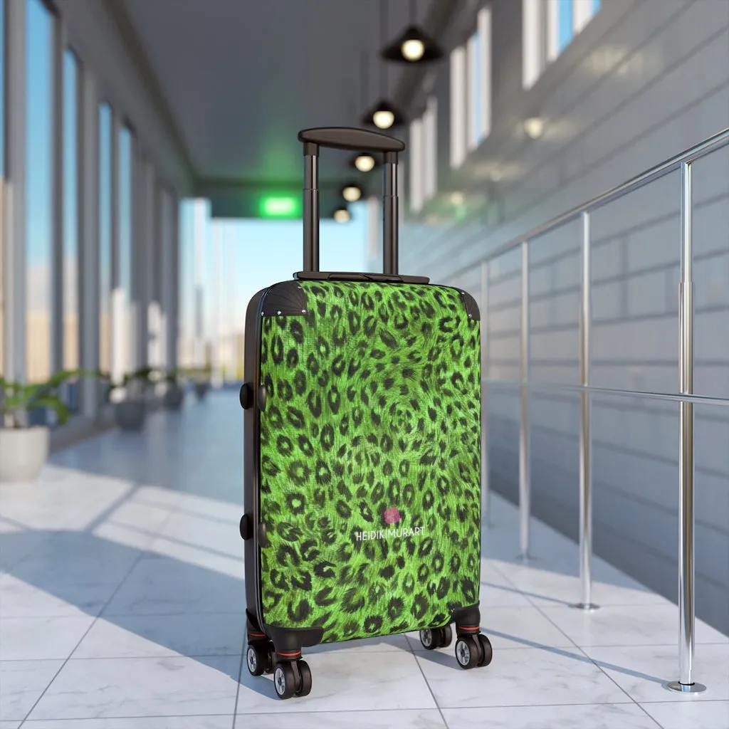 Green Leopard Print Cabin Suitcase, Animal Print Small Premium Luxury Carry On Luggage For Men or Women