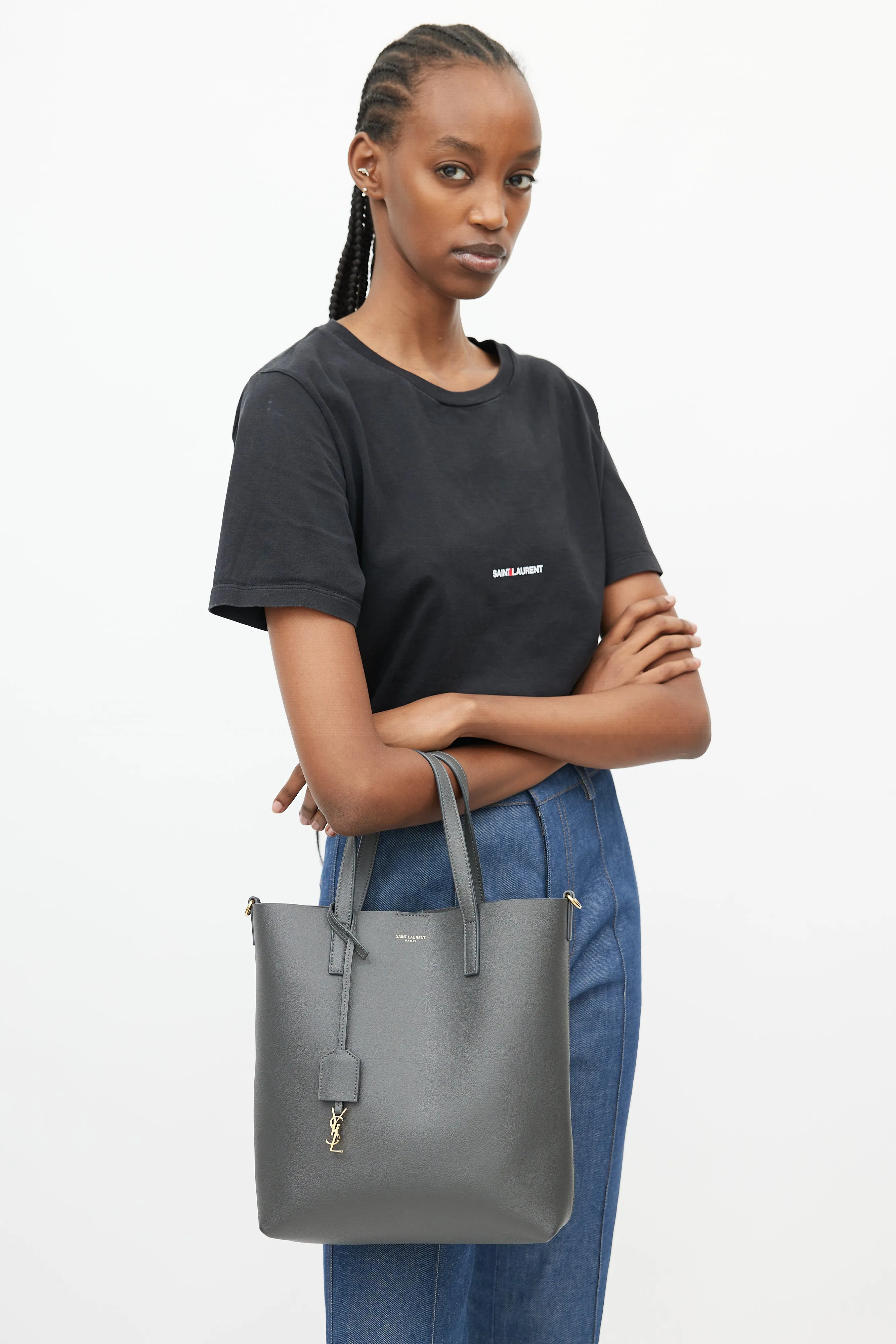 Grey Leather Shopping Tote