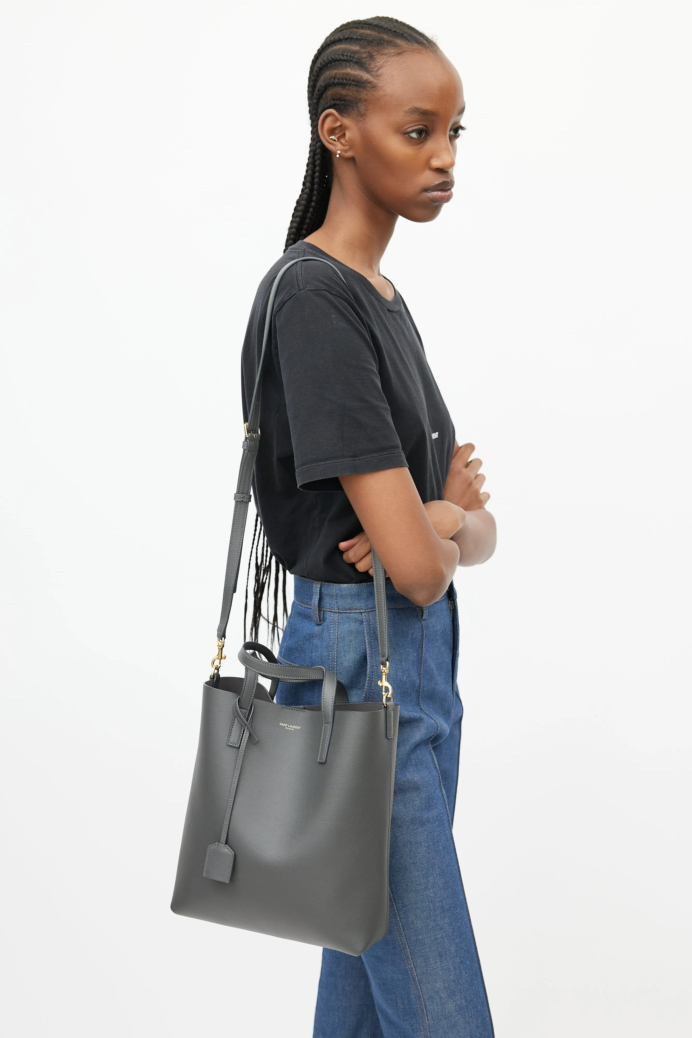 Grey Leather Shopping Tote