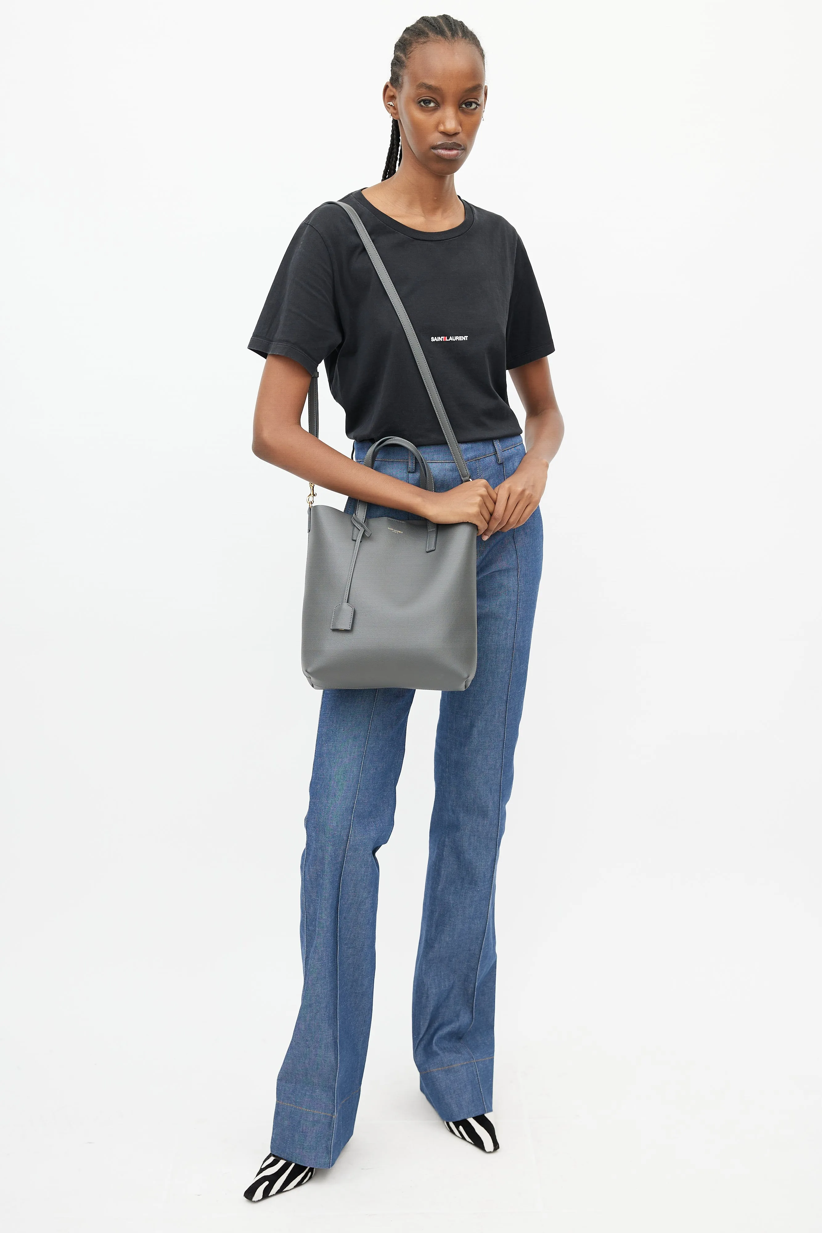 Grey Leather Shopping Tote