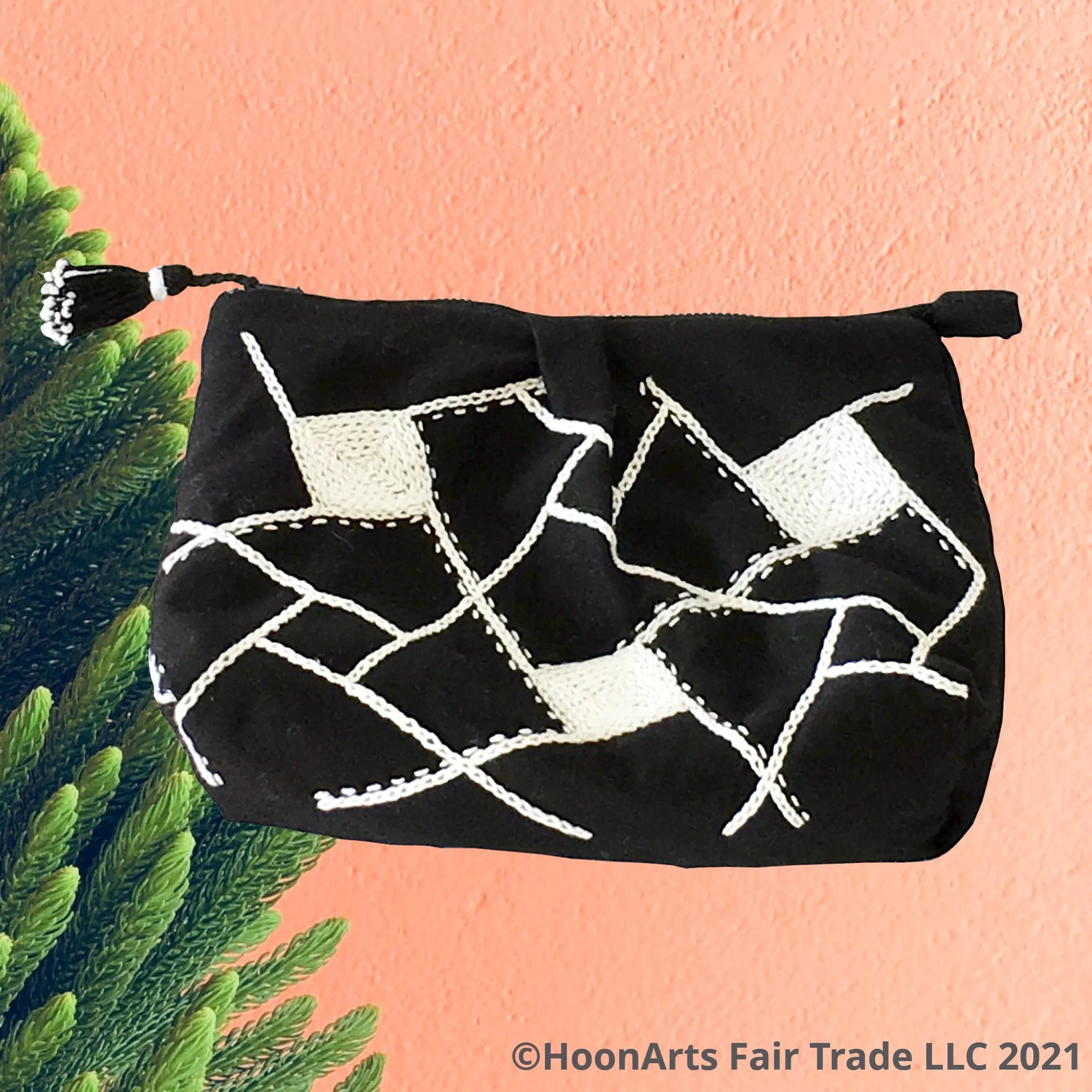 Hand Embroidered Black & White Geometric Clutch