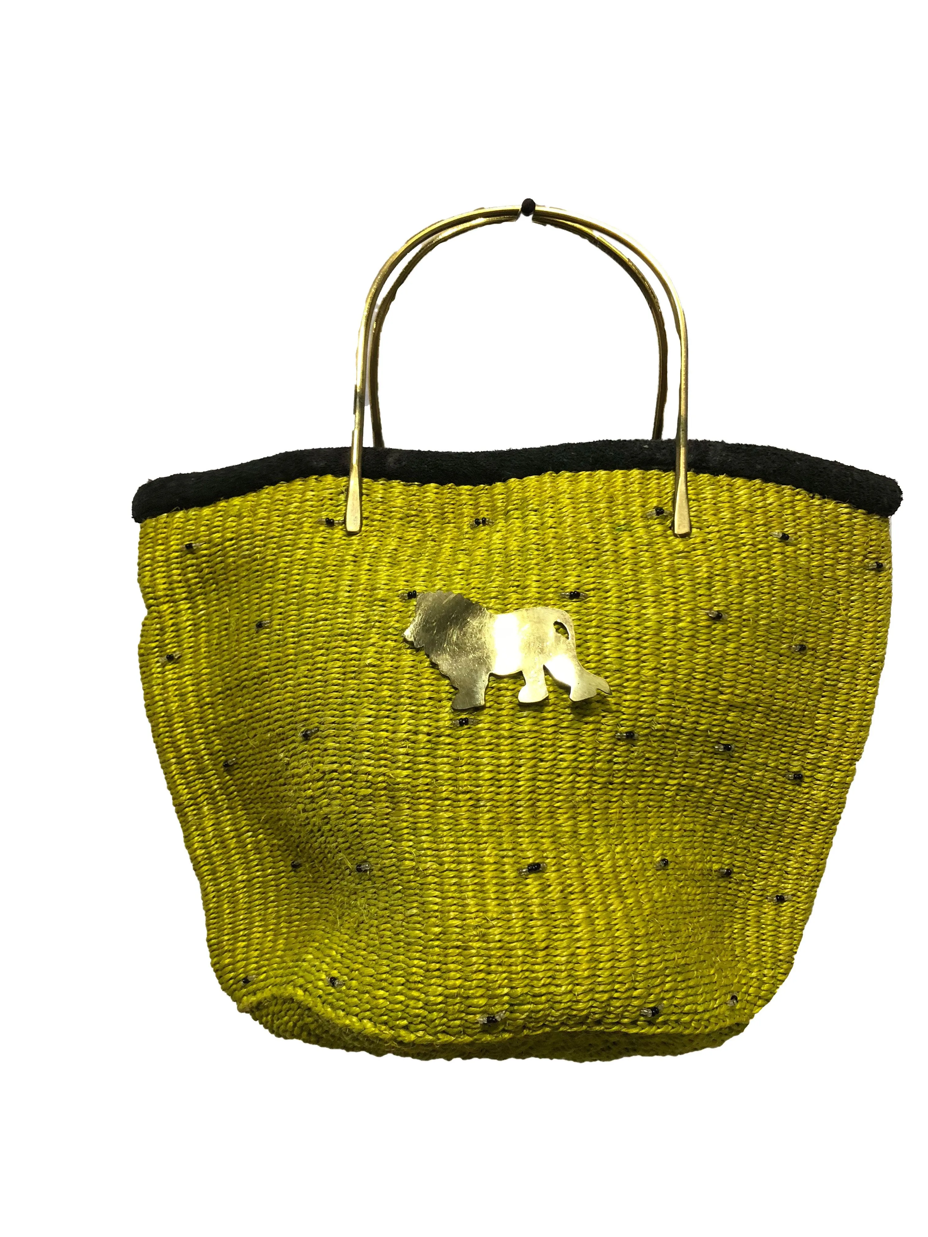 Handmade Woven Kiondo Tote Bag Purse with Brass Animal Accessory