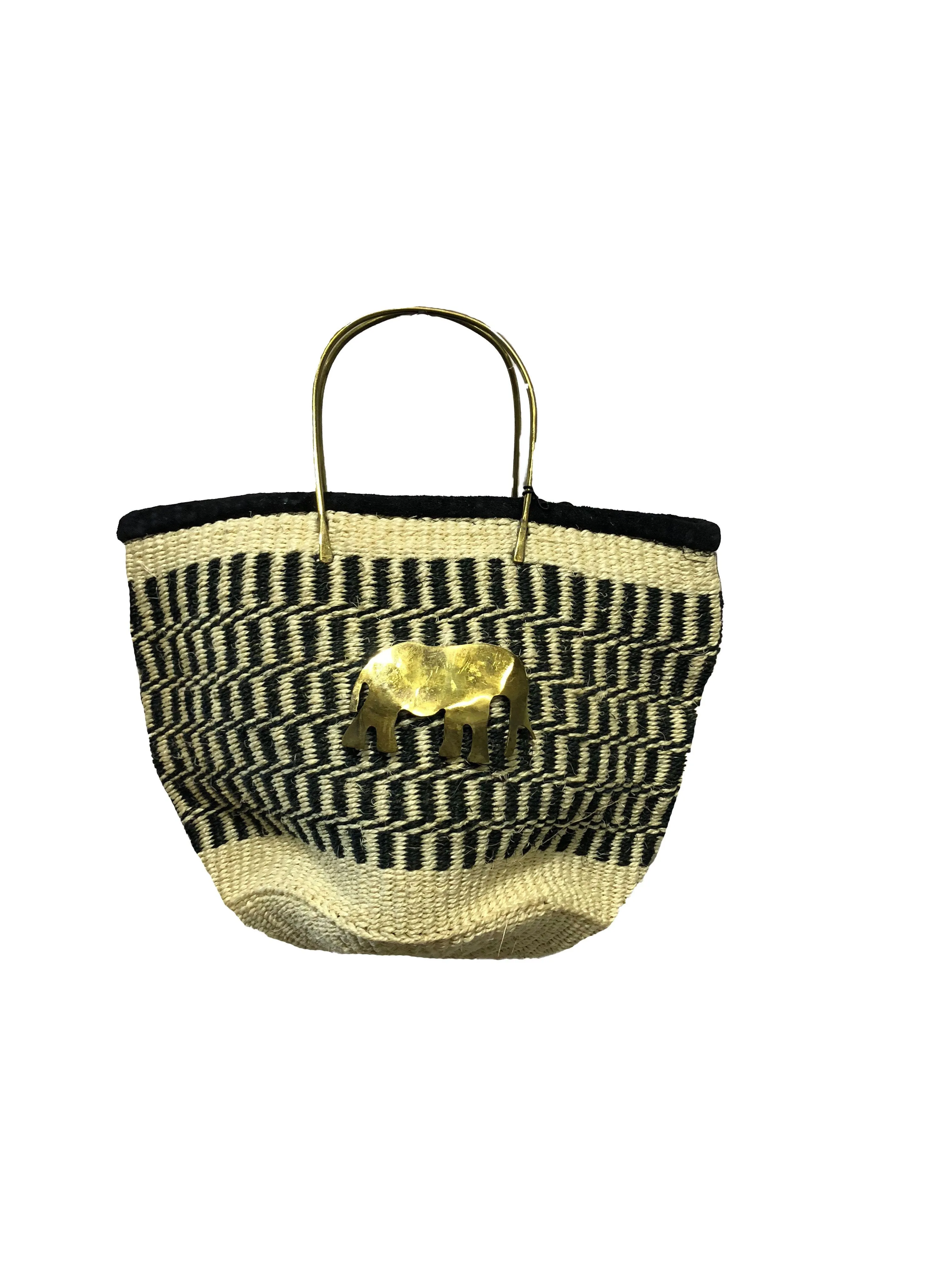 Handmade Woven Kiondo Tote Bag Purse with Brass Animal Accessory