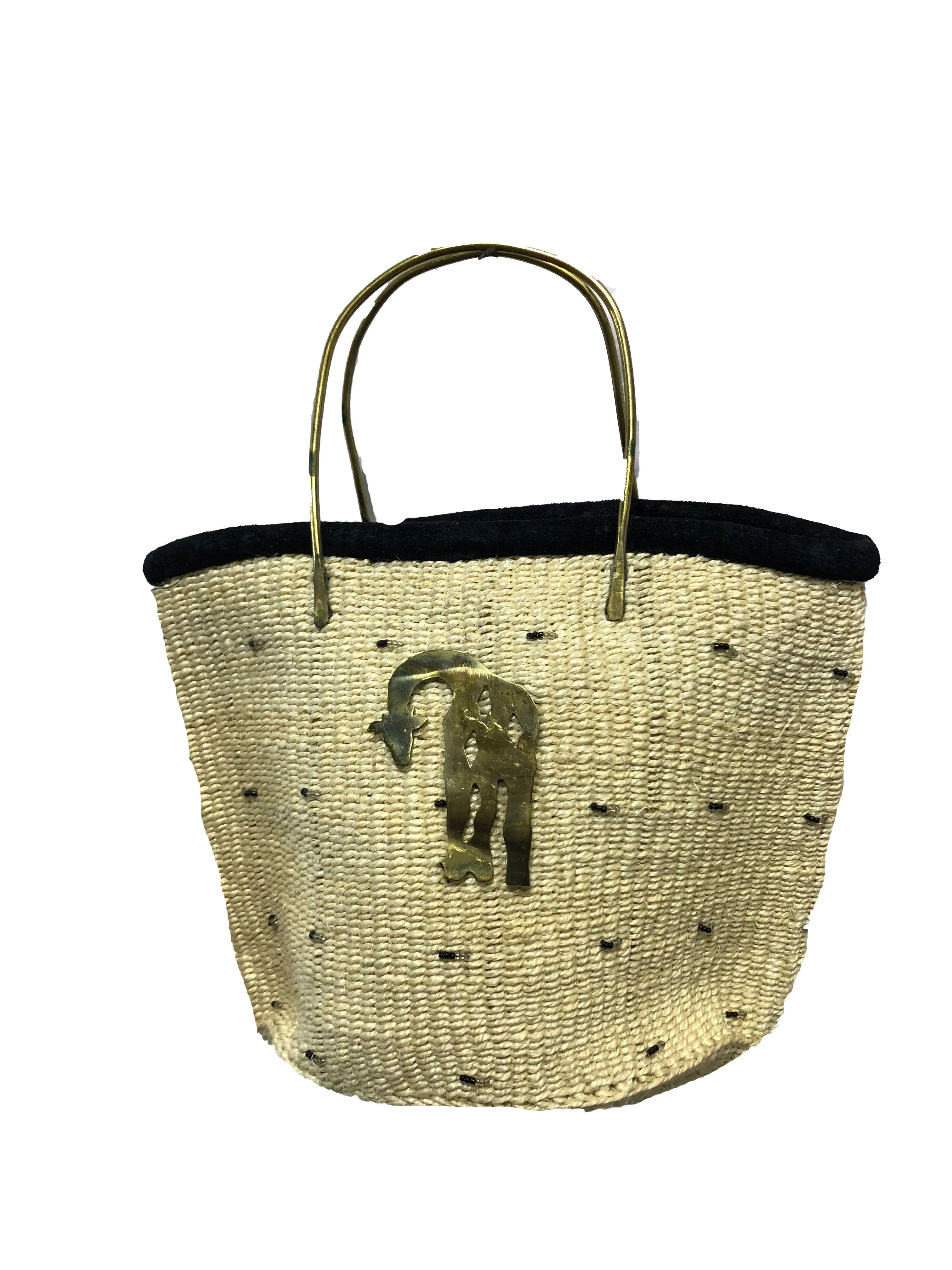 Handmade Woven Kiondo Tote Bag Purse with Brass Animal Accessory