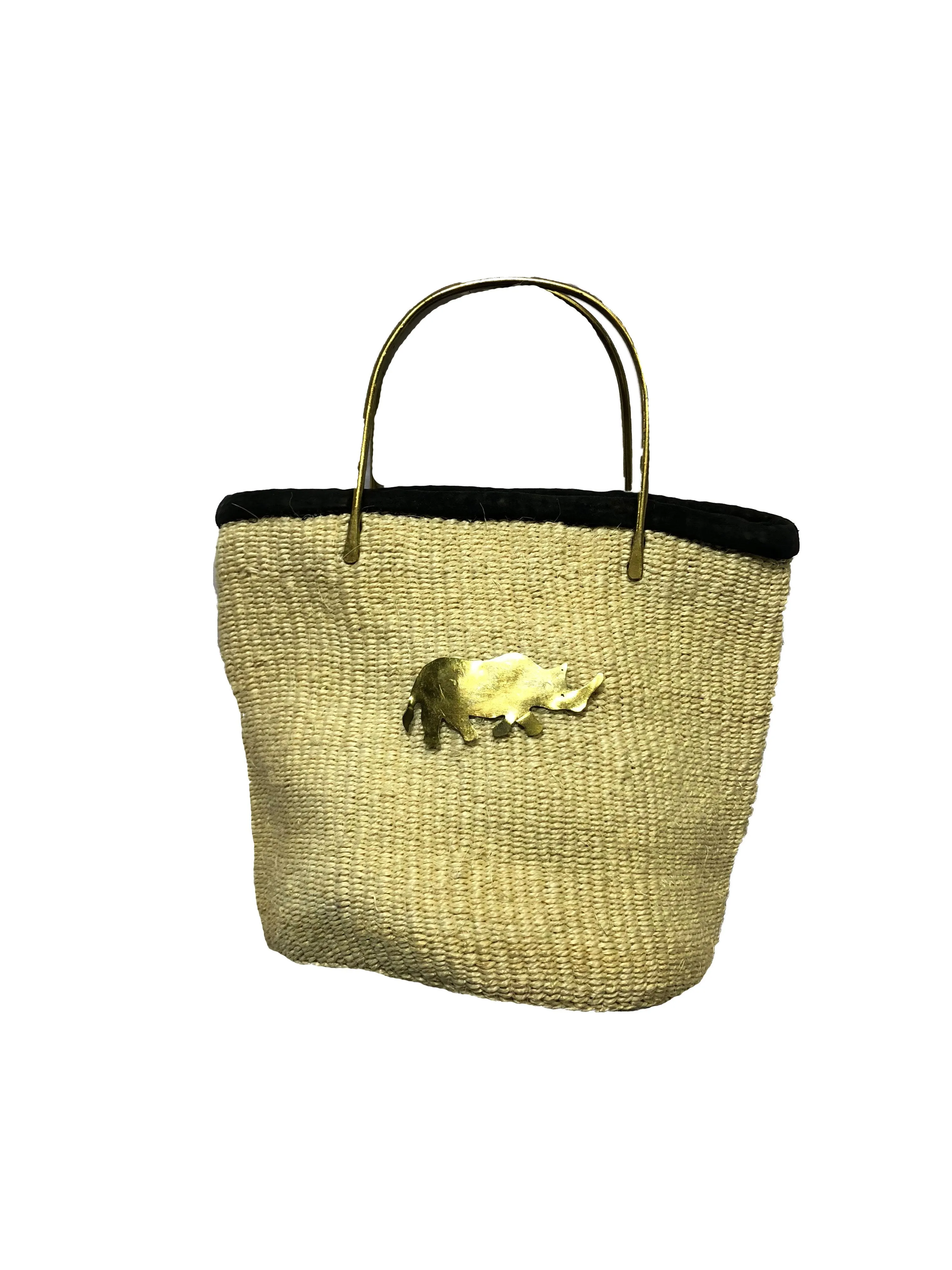 Handmade Woven Kiondo Tote Bag Purse with Brass Animal Accessory