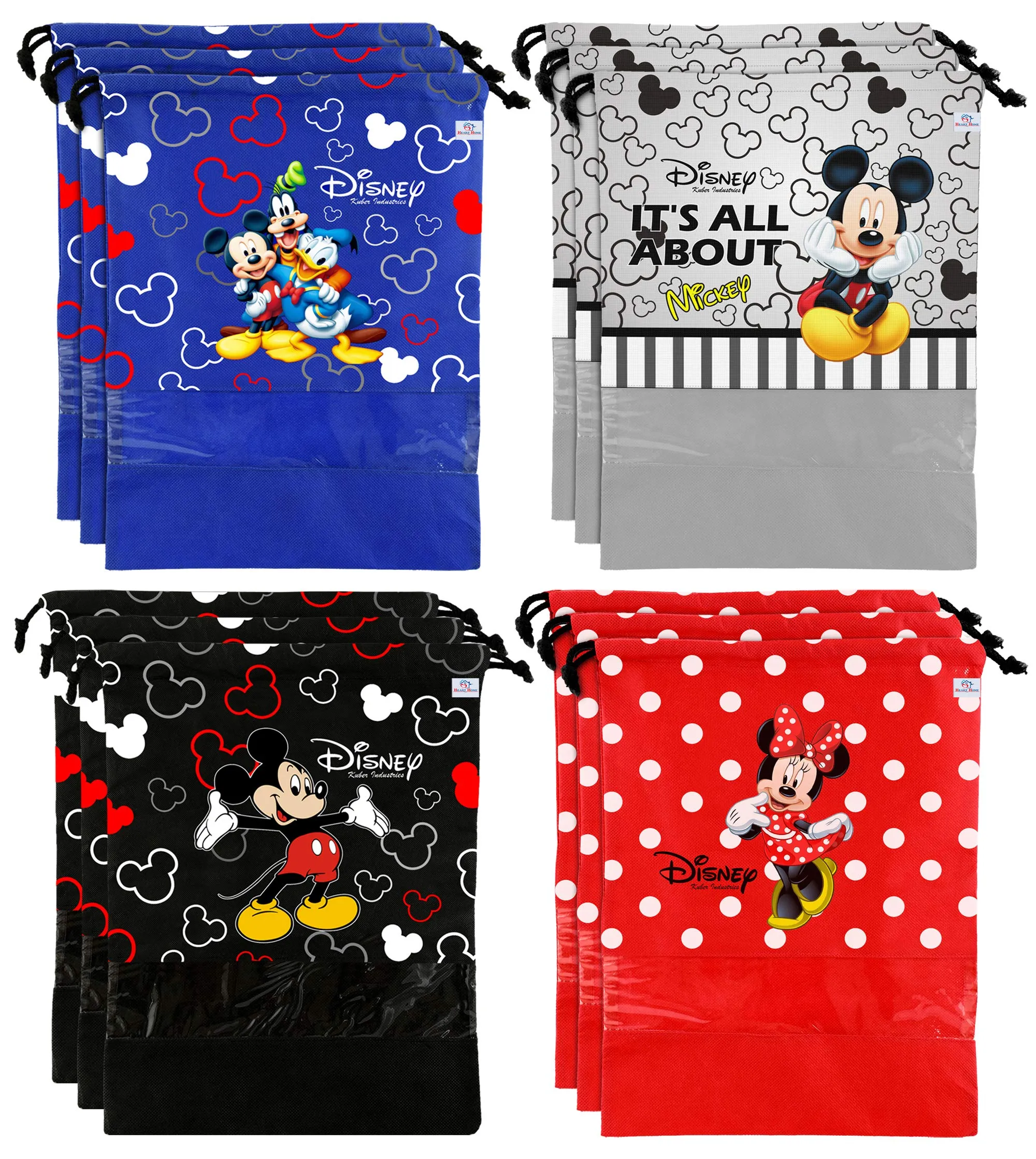 Heart Home Disney Print 12 Piece Non Woven Travel Shoe Cover, String Bag Organizer (Black & Royal Blue & Grey & Red) -HS_35_HEARTHS18083