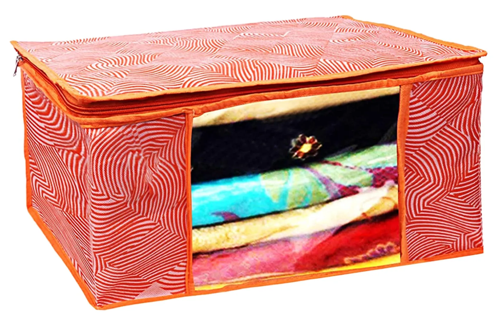 Heart Home Lahariya Design Non-woven Foldable Saree Cover/Clothes Storage Bag/Wardrobe Organizer With Transparent Window- Pack of 3 (Orange)-44HH0377