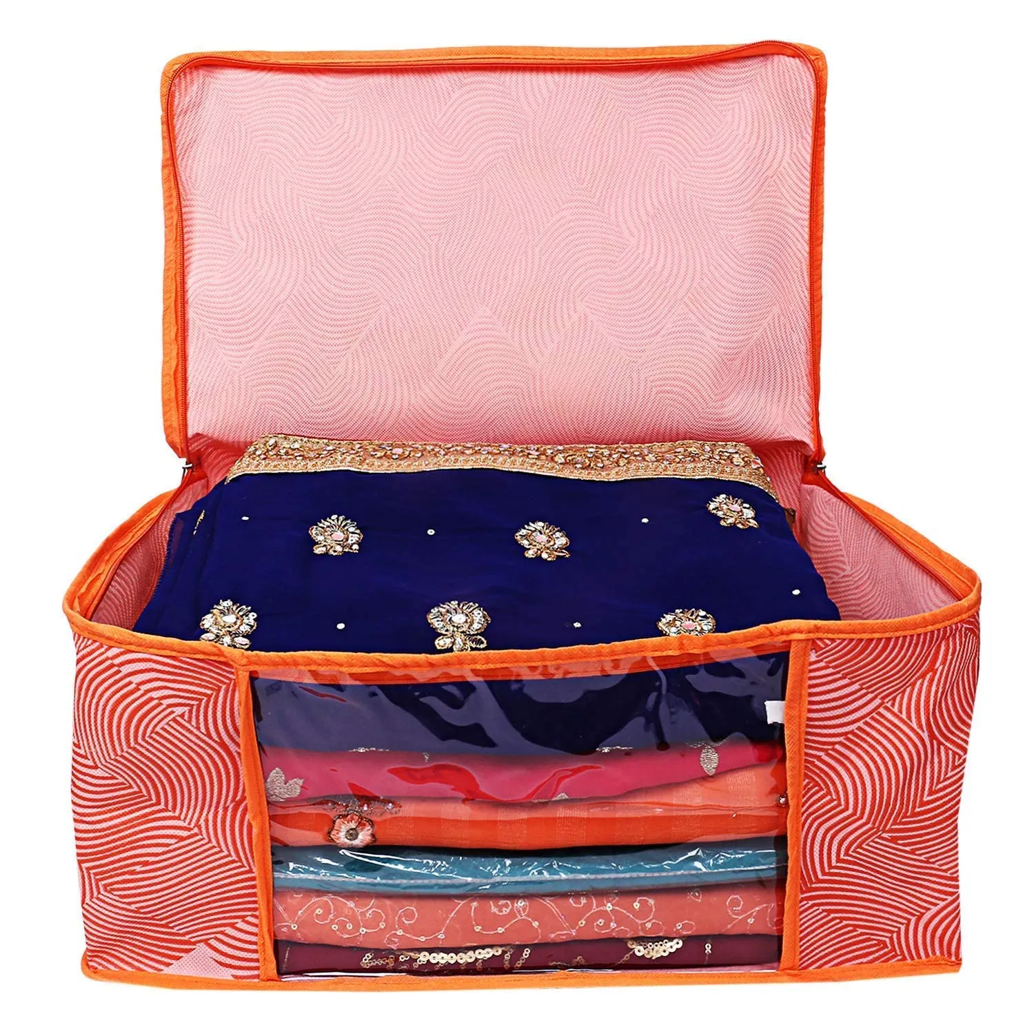 Heart Home Lahariya Design Non-woven Foldable Saree Cover/Clothes Storage Bag/Wardrobe Organizer With Transparent Window- Pack of 9 (Orange)-44HH0381