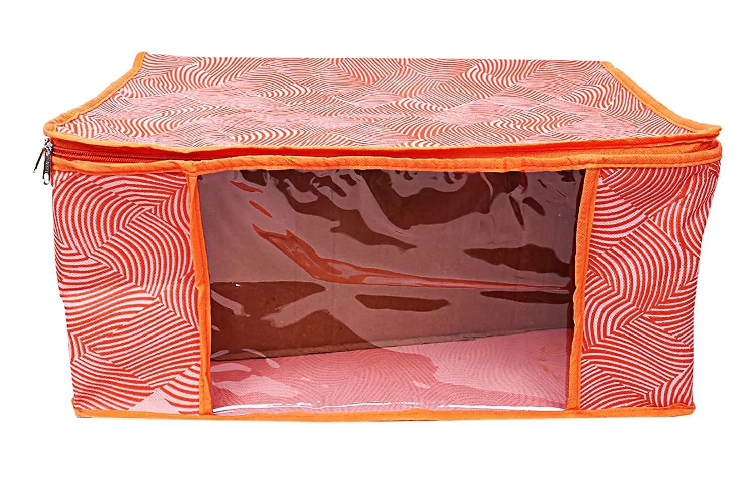 Heart Home Lahariya Design Non-woven Foldable Saree Cover/Clothes Storage Bag/Wardrobe Organizer With Transparent Window- Pack of 9 (Orange)-44HH0381