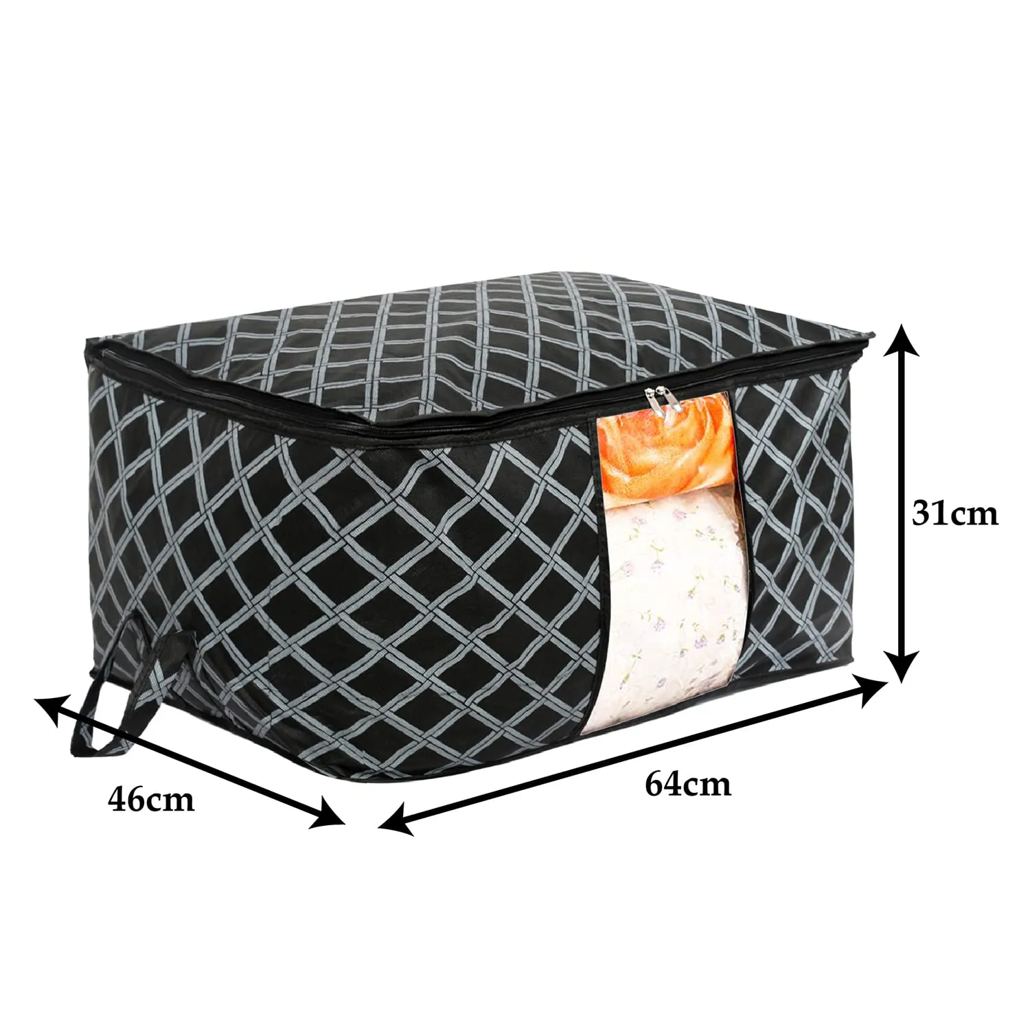 Heart Home Non-Woven Check Print Jumbo Underbed Storage Bag|Clothes Organizer For Clothes, Quilts, Blankets With Handle Pack of 4 (Black)