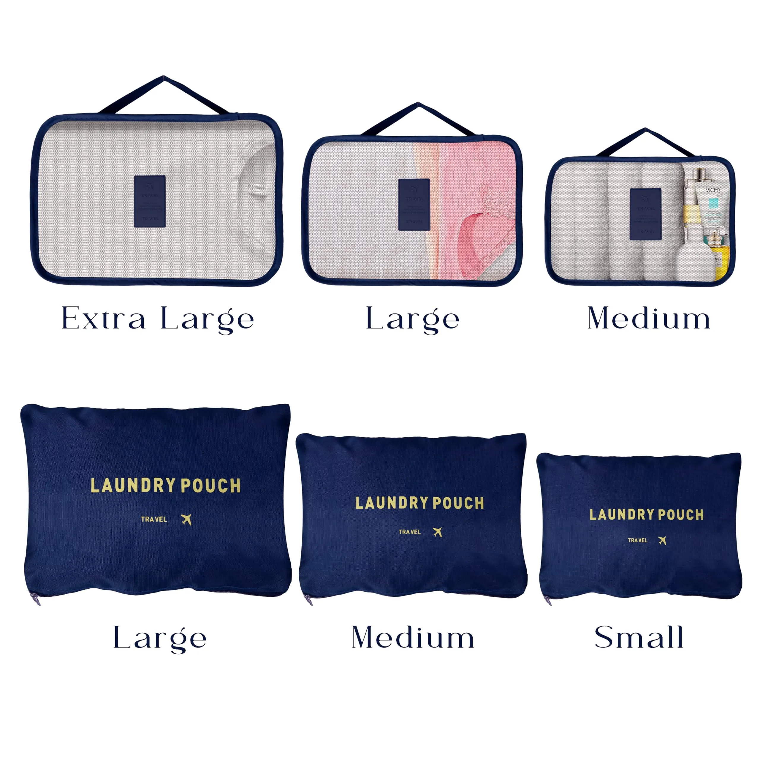 Homestic Pack of 6 Travel Luggage Bag | Toiletry Bag for Jewellery-Watches-Bracelets | Multi-Purpose Storage Bag with Handle | Travel Utility Storage Pouches | LYN16-NVY | Navy Blue