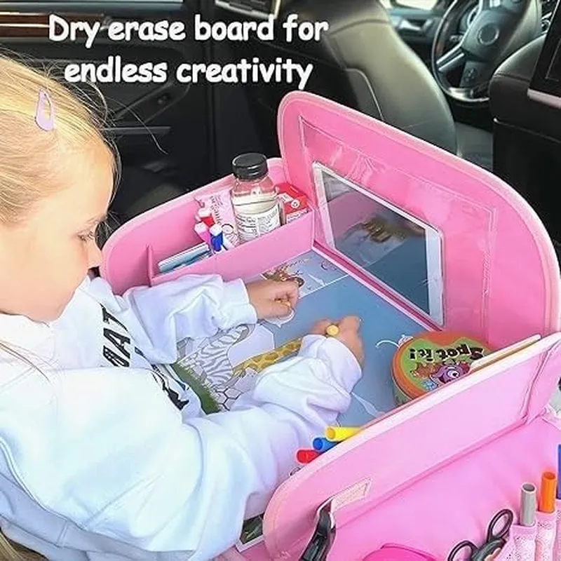 Kids Travel Tray for Toddler Car Seat, Lap Tray for Girl Activities with Dry Erase Board & Cooler Cup Holder, Road Trip Essentials Accessories with No-Drop Large Tablet Ipad Holder Stand,Pink