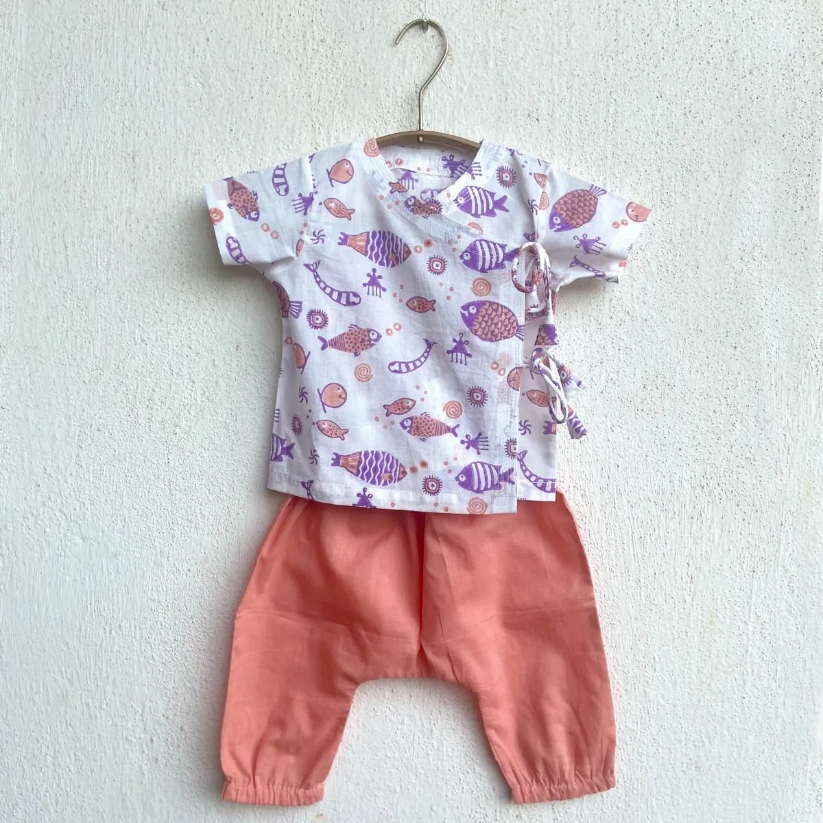 Kids Unisex Organic Cotton Koi Peach Print Angrakha Top and Pants