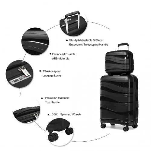 Kono 14/20 Inch Lightweight Polypropylene Hard Shell Suitcase Set with TSA Lock & Vanity Case - Black