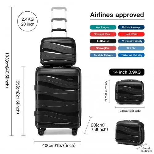 Kono 14/20 Inch Lightweight Polypropylene Hard Shell Suitcase Set with TSA Lock & Vanity Case - Black