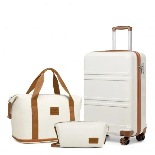 KONO Cabin Size Suitcase and Travel Bag Set in Cream - 24" Expandable Luggage with TSA Lock