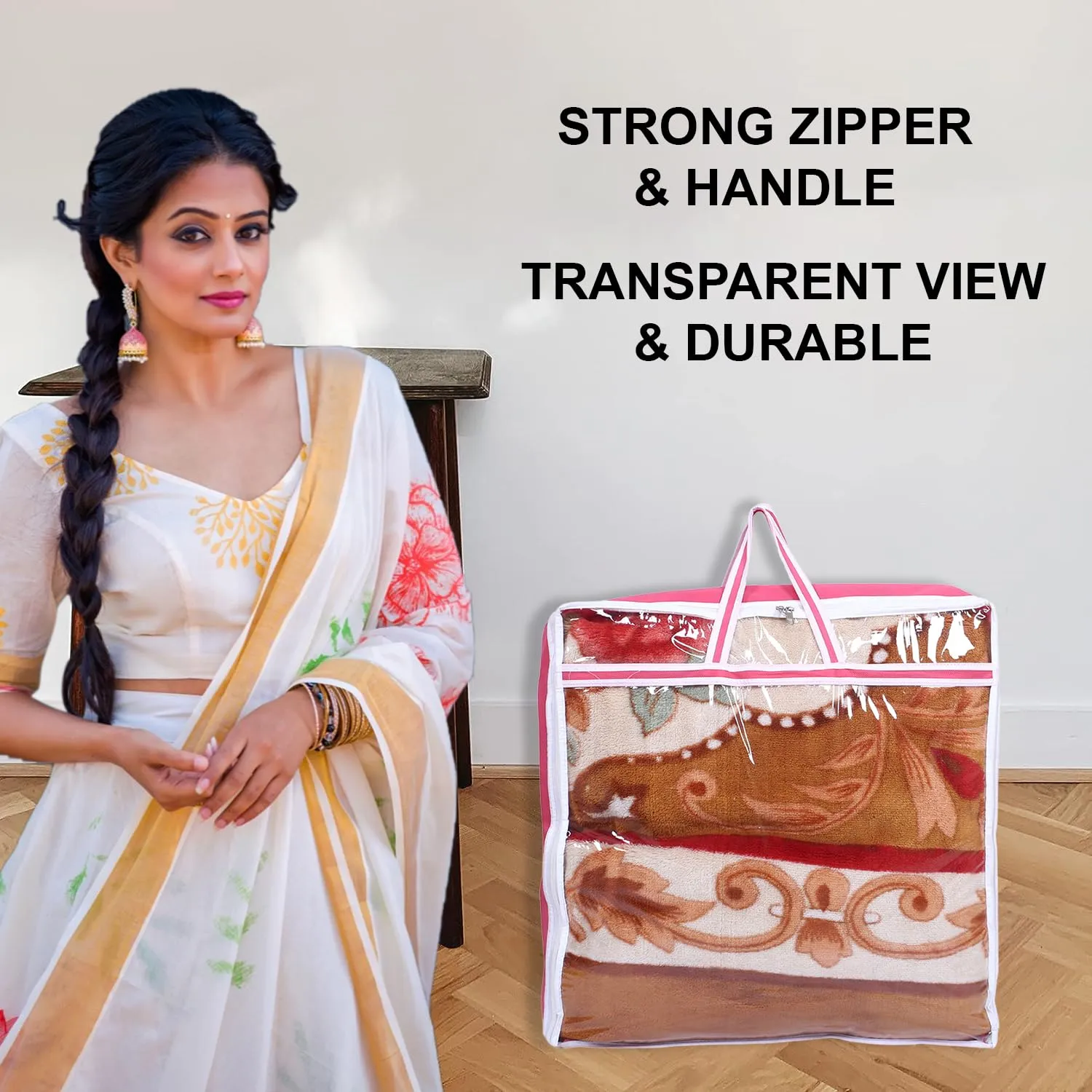 Kuber Industries Blanket Cover | Non-Woven Blanket Cover for Saree | Zipper Storage Bag for Clothes | Wardrobe Organizer with Top Transparent Window | Extra Large | Pack of 4 | Pink