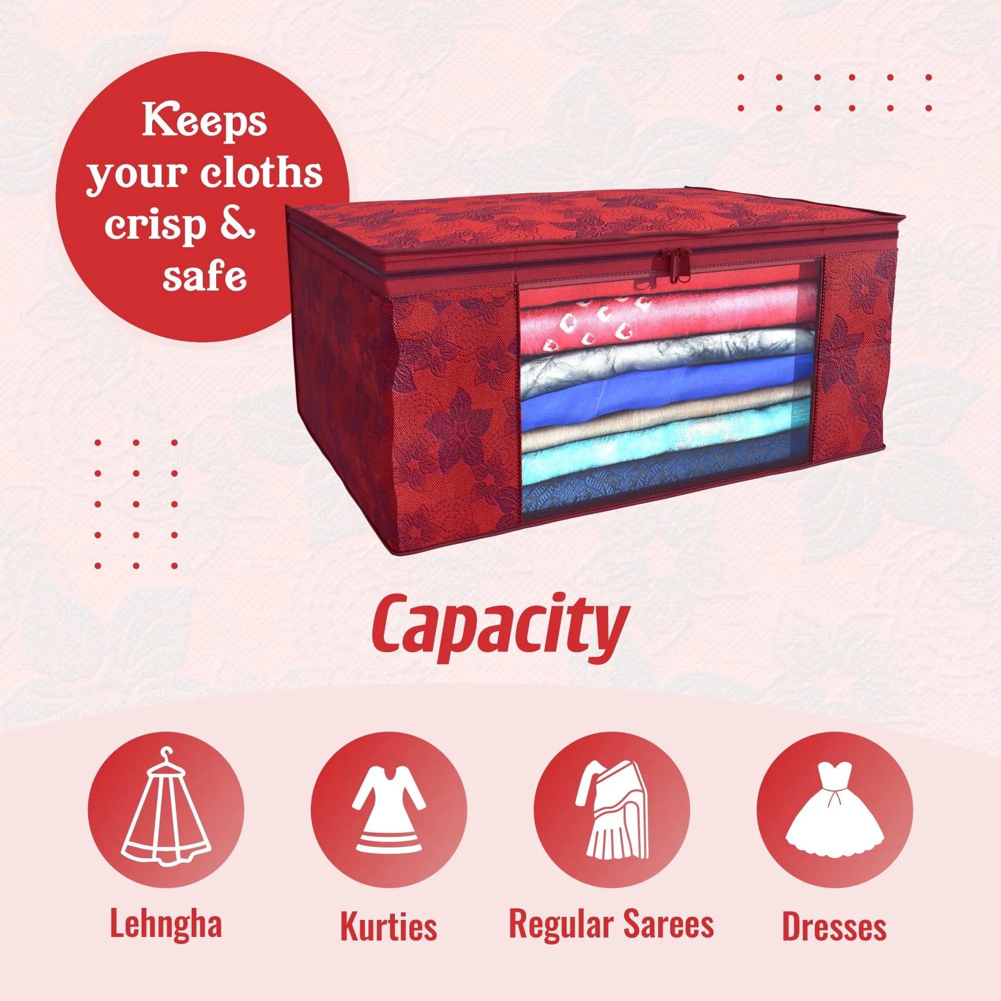 Kuber Industries Clothes Organizer For Wardrobe (Pack of 3) - Storage Organizer For Saree | Shirts | Lehanga | Clothes - Dress Organizer For Wardrobe - Saree Covers With Zip (Printed) (Red)