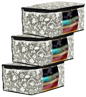 Kuber Industries Flower Design Non-woven Foldable Saree Cover/Clothes Storage Bag/Wardrobe Organizer With Transparent Window- Pack of 3 (Grey & Cream)-44KM0353