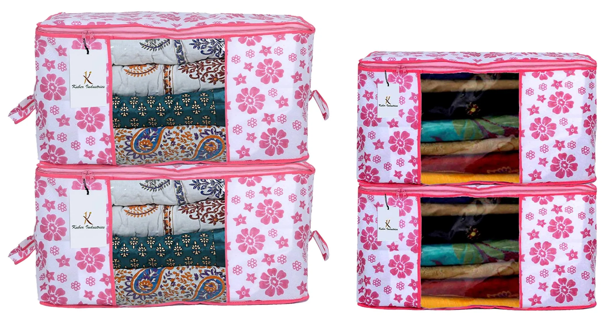 Kuber Industries Flower Printed Non Woven 2 Pieces Saree Cover and 2 Pieces Underbed Storage Bag, Cloth Organizer for Storage, Blanket Cover Combo Set (Pink) - CTKTC038607