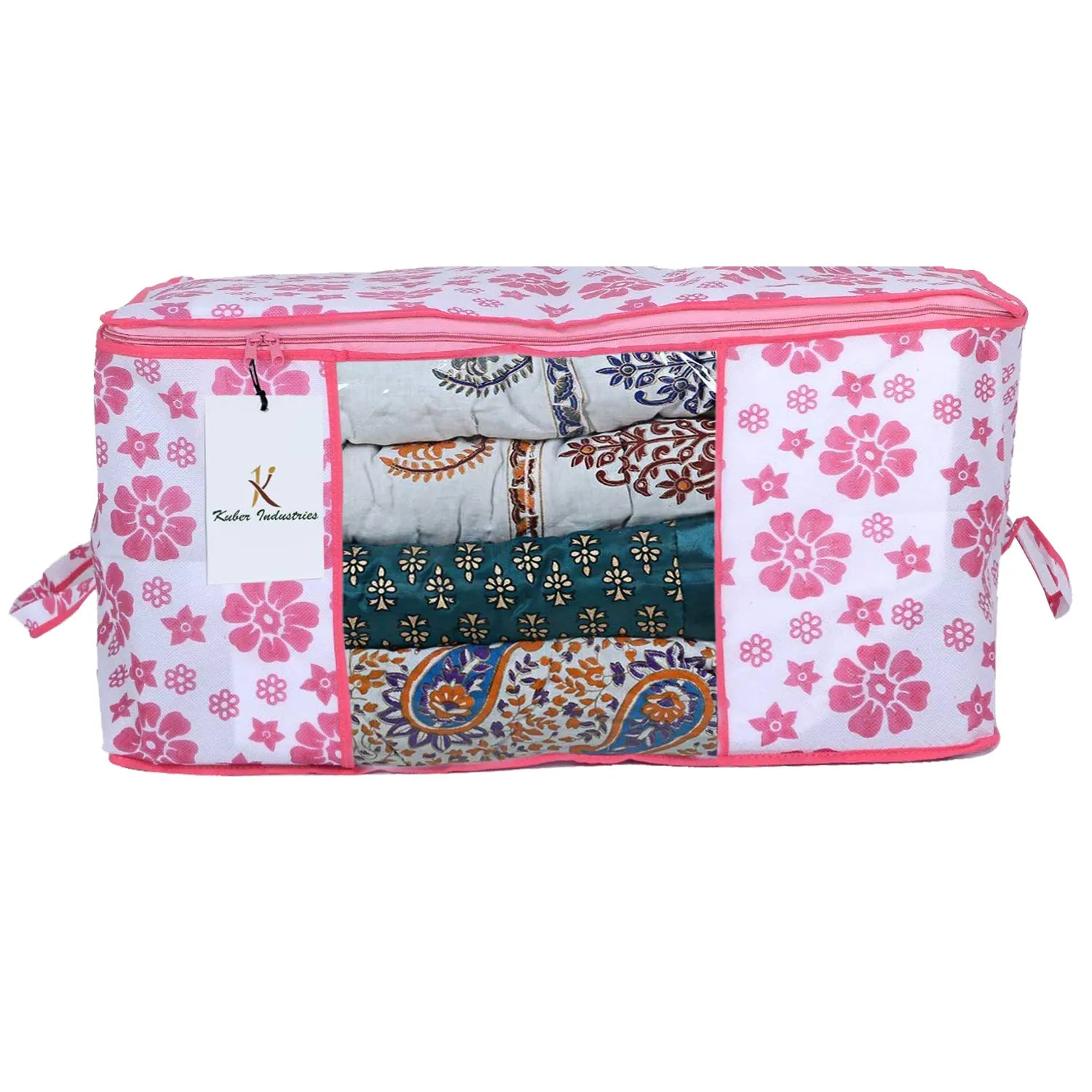 Kuber Industries Flower Printed Non Woven 2 Pieces Saree Cover and 2 Pieces Underbed Storage Bag, Cloth Organizer for Storage, Blanket Cover Combo Set (Pink) - CTKTC038607