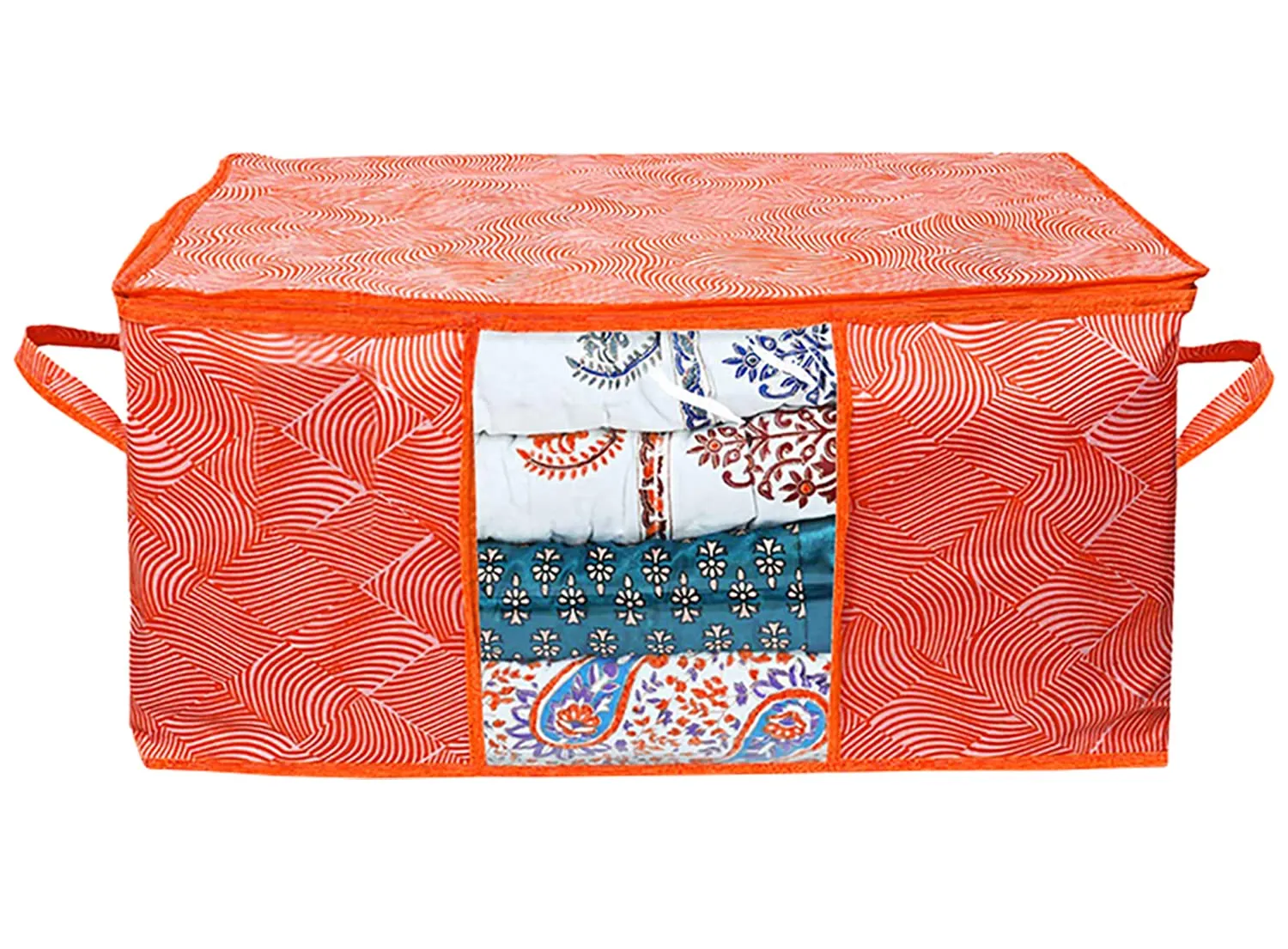 Kuber Industries Lahariya Design Non-woven Foldable Underbed/Storage Bag/Wardrobe Organizer With Transparent Window- Pack of 6 (Orange)-44KM0503