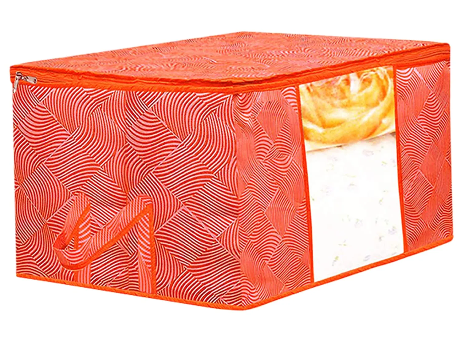 Kuber Industries Lahariya Design Non-woven Foldable Underbed/Storage Bag/Wardrobe Organizer With Transparent Window- Pack of 6 (Orange)-44KM0503