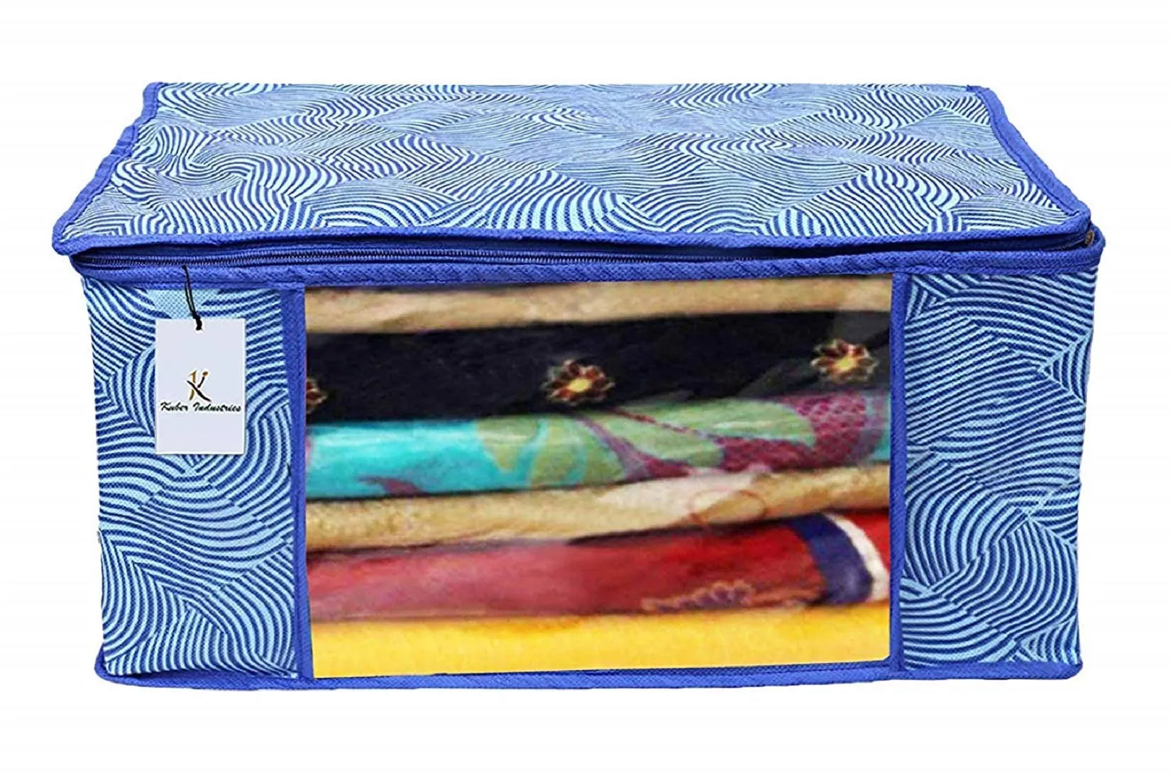 Kuber Industries Laheriya Printed Non Woven 6 Pieces Saree Cover and 3 Pieces Underbed Storage Bag, Cloth Organizer for Storage, Blanket Cover Combo Set (Blue) -CTKTC038687