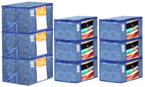 Kuber Industries Laheriya Printed Non Woven 6 Pieces Saree Cover and 3 Pieces Underbed Storage Bag, Cloth Organizer for Storage, Blanket Cover Combo Set (Blue) -CTKTC038687