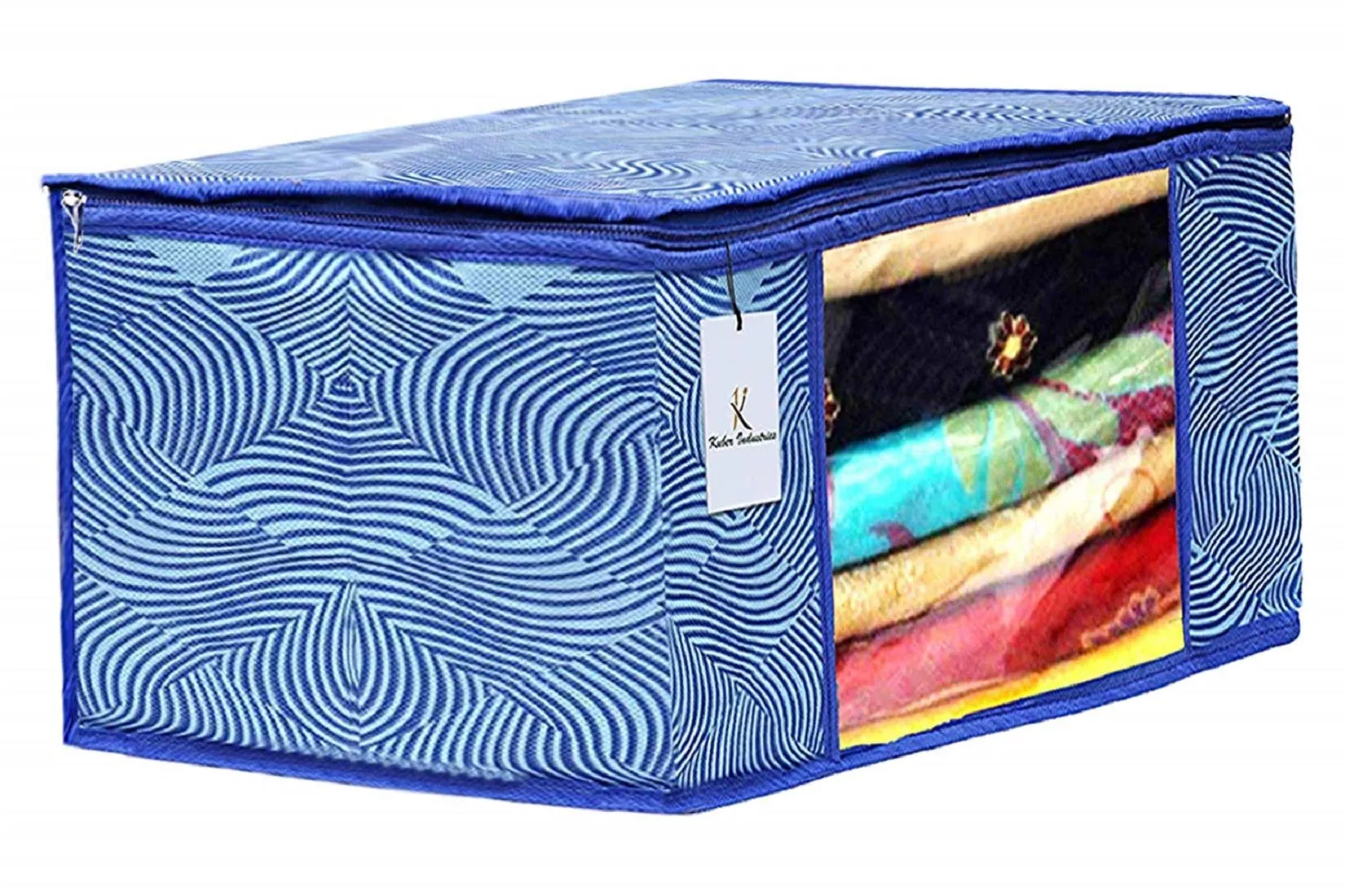 Kuber Industries Laheriya Printed Non Woven 6 Pieces Saree Cover and 3 Pieces Underbed Storage Bag, Cloth Organizer for Storage, Blanket Cover Combo Set (Blue) -CTKTC038687