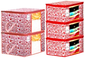 Kuber Industries Leaf Design Non Woven 3 Pieces Saree Cover and 2 Pieces Underbed Storage Bag, Cloth Organizer for Storage, Blanket Cover Combo Set (Red) -CTKTC038670