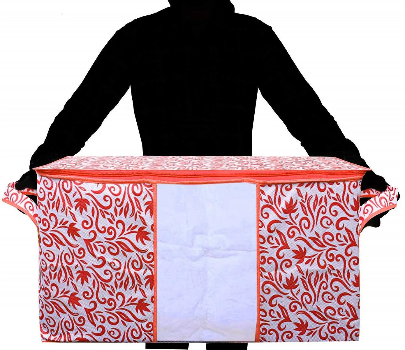 Kuber Industries Leaf Design Non Woven 3 Pieces Saree Cover and 2 Pieces Underbed Storage Bag, Cloth Organizer for Storage, Blanket Cover Combo Set (Red) -CTKTC038670