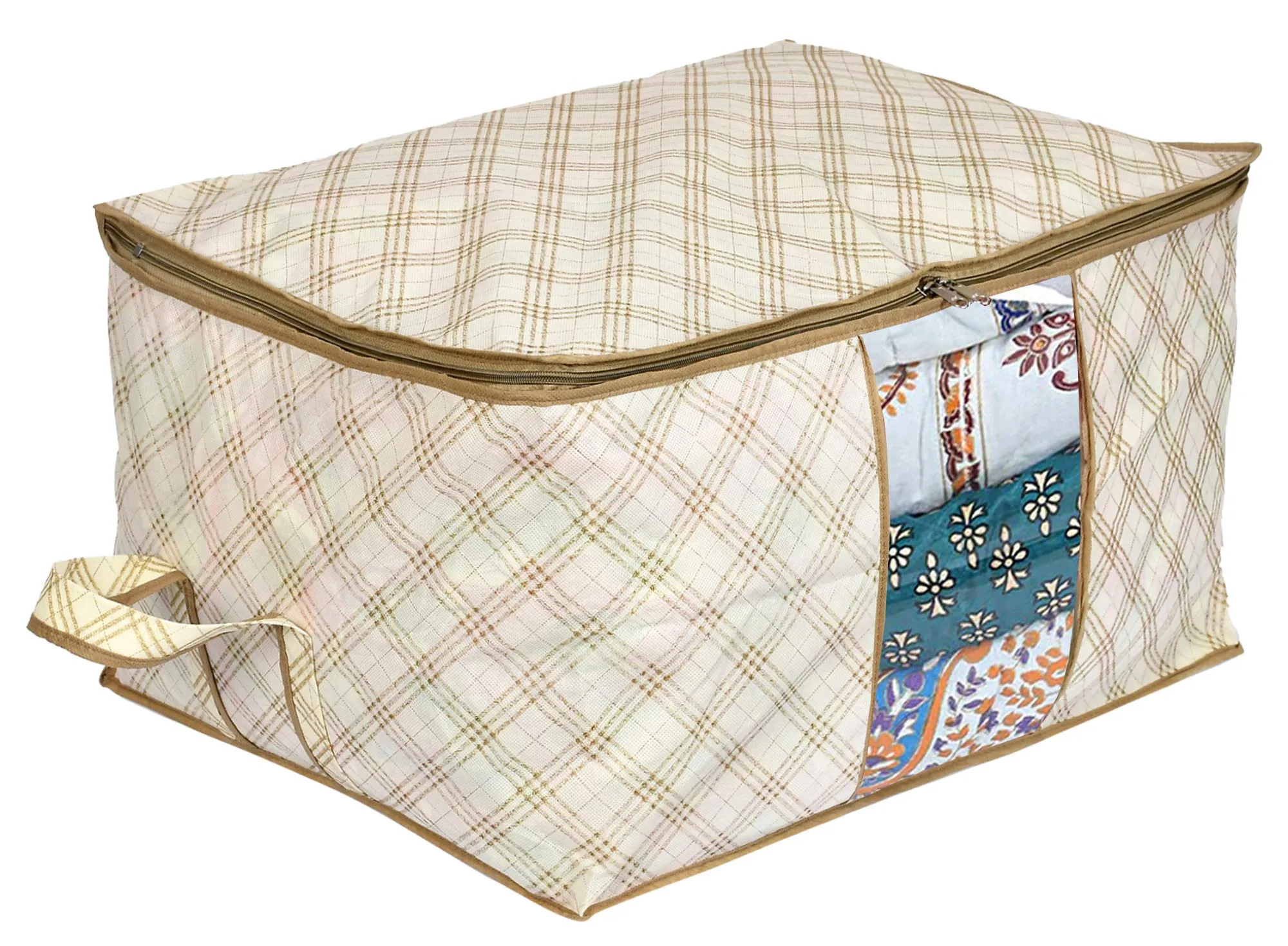 Kuber Industries Metalic Checkered Print Non Woven 4 Pieces Underbed Storage Bag,Cloth Organiser,Blanket Cover with Transparent Window (Ivory)-KUBMART16587