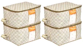 Kuber Industries Metalic Checkered Print Non Woven 4 Pieces Underbed Storage Bag,Cloth Organiser,Blanket Cover with Transparent Window (Ivory)-KUBMART16587