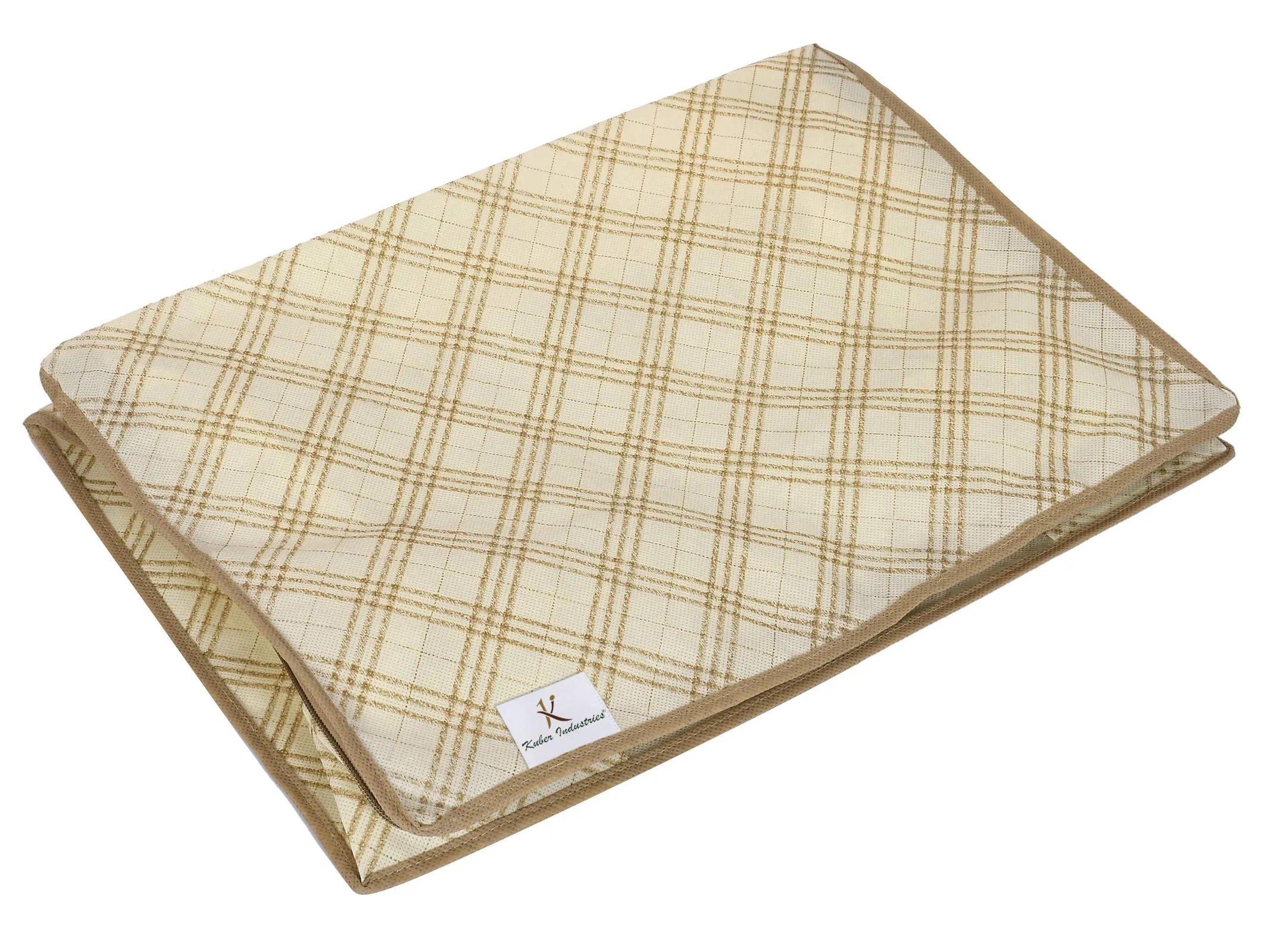 Kuber Industries Metalic Checkered Print Non Woven 4 Pieces Underbed Storage Bag,Cloth Organiser,Blanket Cover with Transparent Window (Ivory)-KUBMART16587