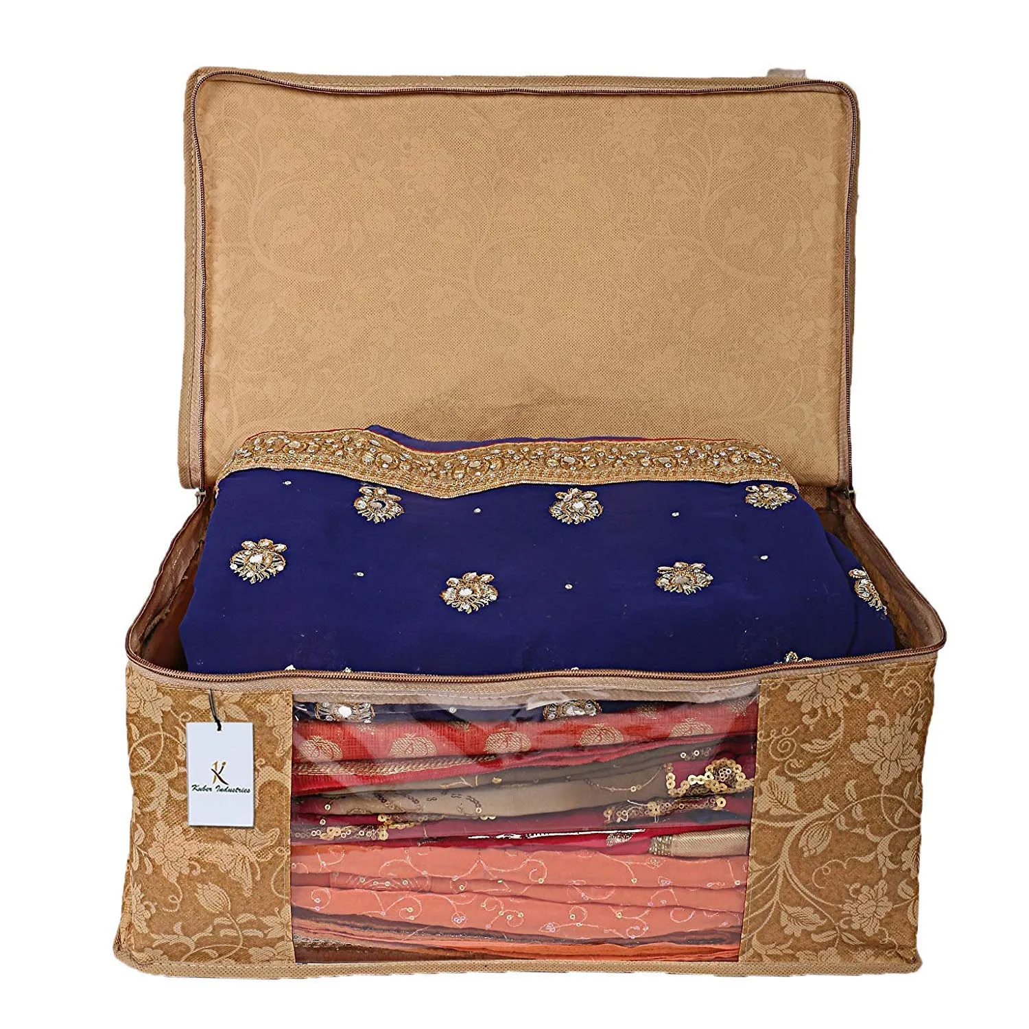 Kuber Industries Metallic Printed Non Woven 3 Pieces Saree Cover and 3 Pieces Underbed Storage Bag, Cloth Organizer for Storage, Blanket Cover Combo Set (Beige) -CTKTC038564