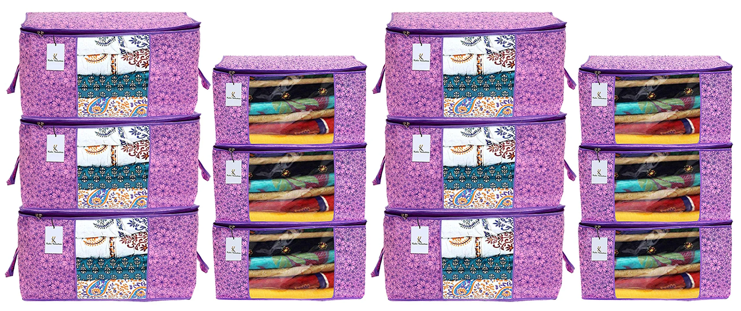 Kuber Industries Metallic Printed Non Woven 6 Pieces Saree Cover and 6 Pieces Underbed Storage Bag, Cloth Organizer for Storage, Blanket Cover Combo Set (Pink & Purple) -CTKTC038582