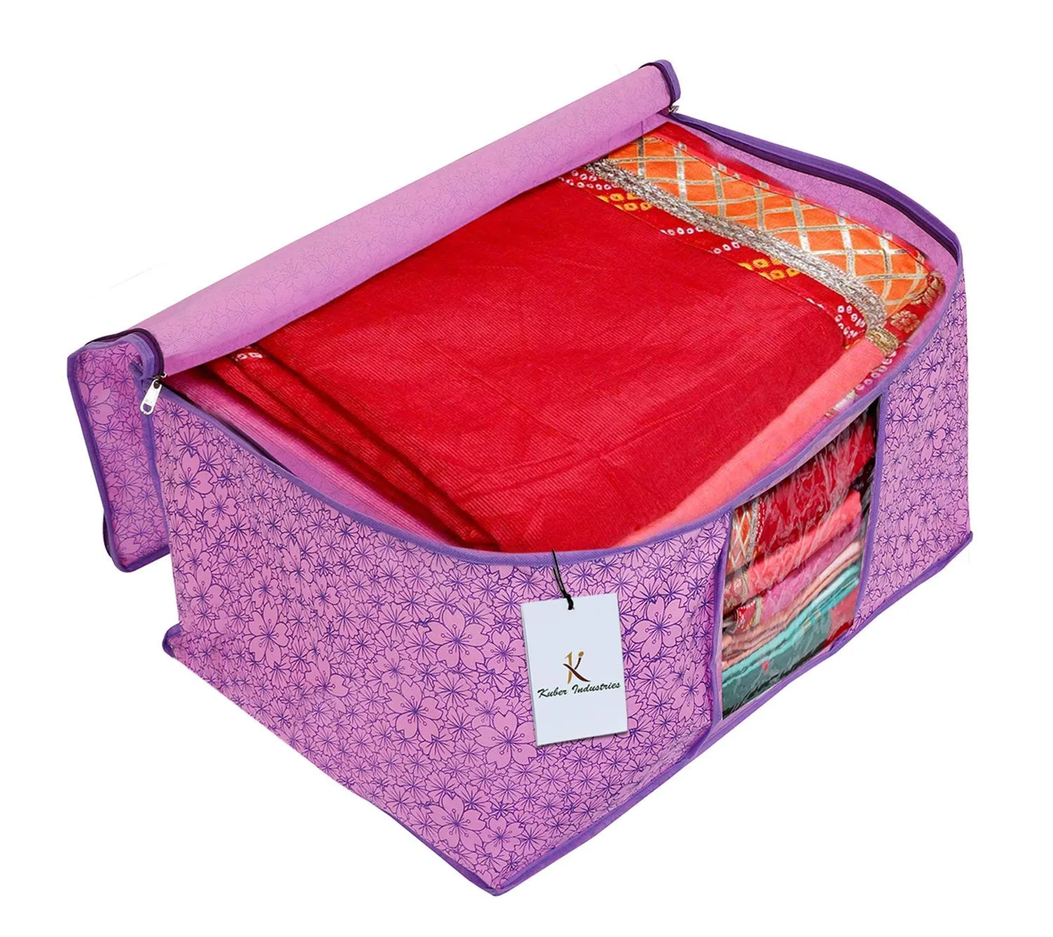 Kuber Industries Metallic Printed Non Woven 6 Pieces Saree Cover and 6 Pieces Underbed Storage Bag, Cloth Organizer for Storage, Blanket Cover Combo Set (Pink & Purple) -CTKTC038582