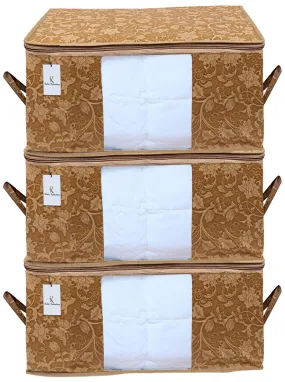 Kuber Industries Underbed Rectangular Non Woven Storage Bag|Storage Organiser|Blanket Cover| Set of 3 (Beige, Non-Woven)