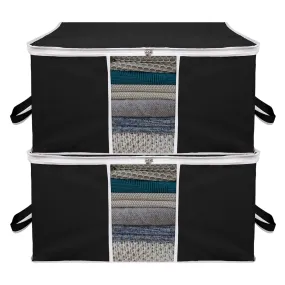 Kuber Industries Underbed Storage Bag | Clothes Storage Organizer | Blanket Cover with Clear Window | Zipper Closure & Handle Cloth Organizer | Plain White Border | Large | Pack of 2 | Black