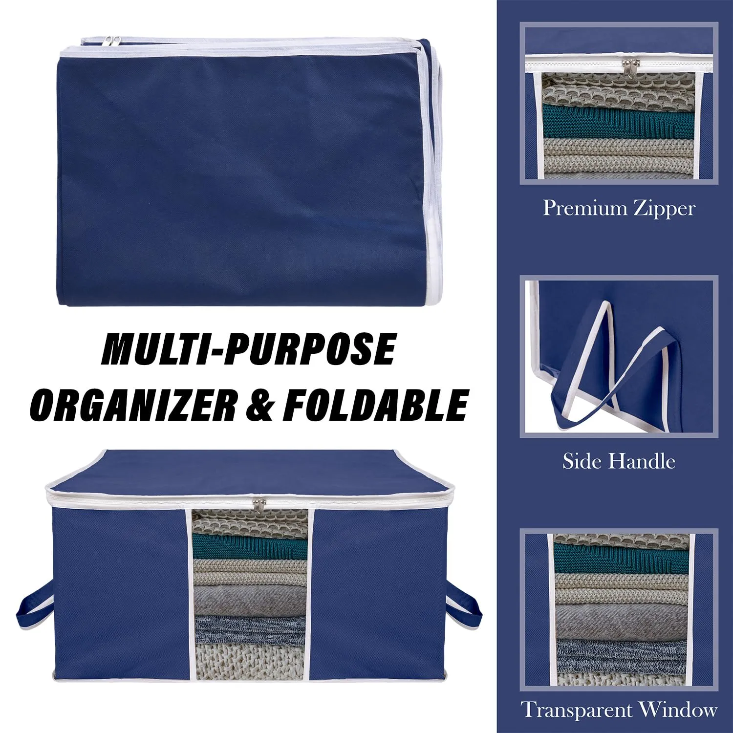 Kuber Industries Underbed Storage Bag | Clothes Storage Organizer | Blanket Cover with Clear Window | Zipper Closure & Handle Cloth Organizer | Plain White Border | Large | Pack of 3 | Navy Blue