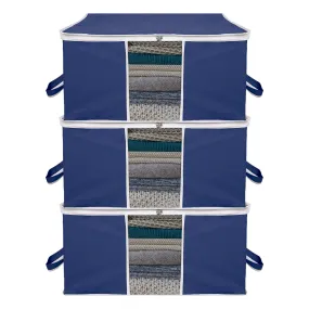 Kuber Industries Underbed Storage Bag | Clothes Storage Organizer | Blanket Cover with Clear Window | Zipper Closure & Handle Cloth Organizer | Plain White Border | Large | Pack of 3 | Navy Blue