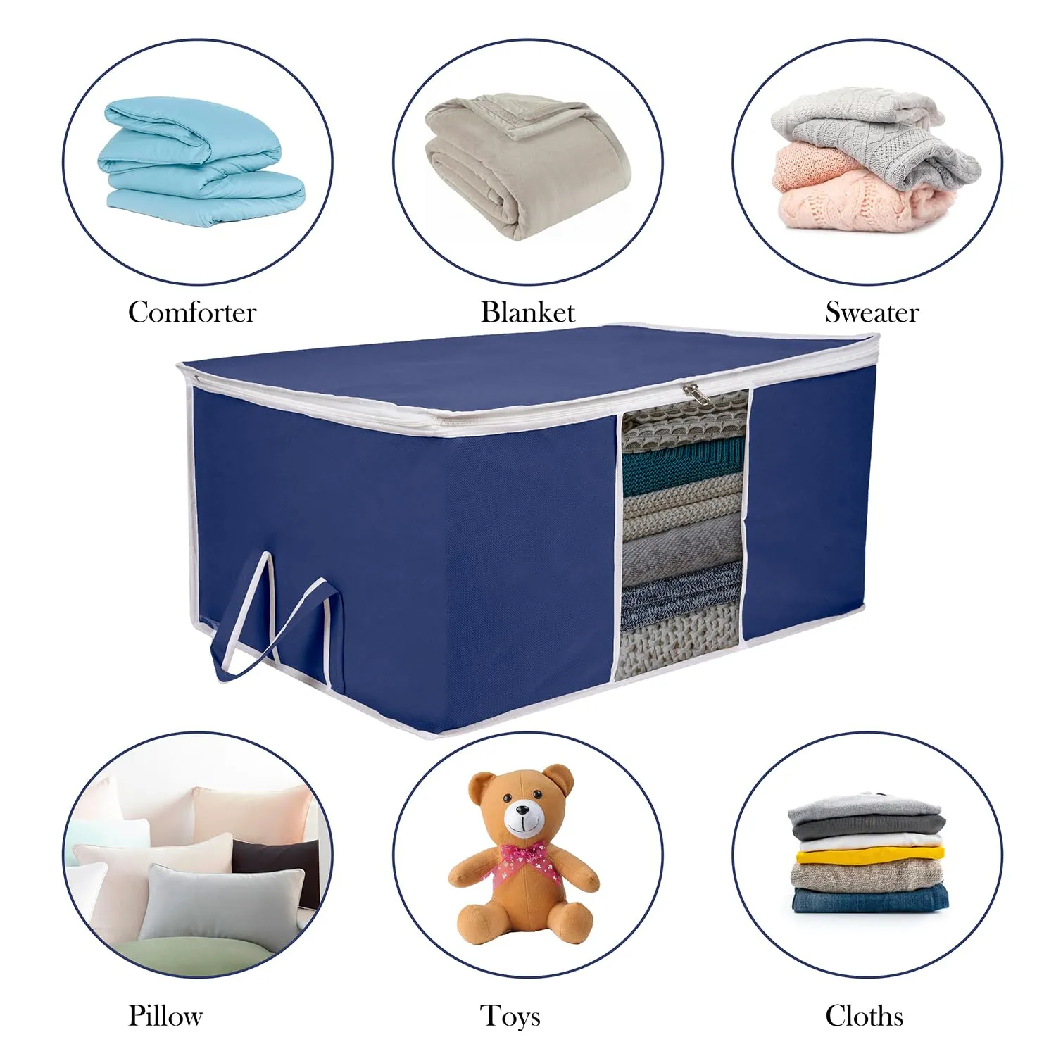 Kuber Industries Underbed Storage Bag | Clothes Storage Organizer | Blanket Cover with Clear Window | Zipper Closure & Handle Cloth Organizer | Plain White Border | Large | Pack of 3 | Navy Blue