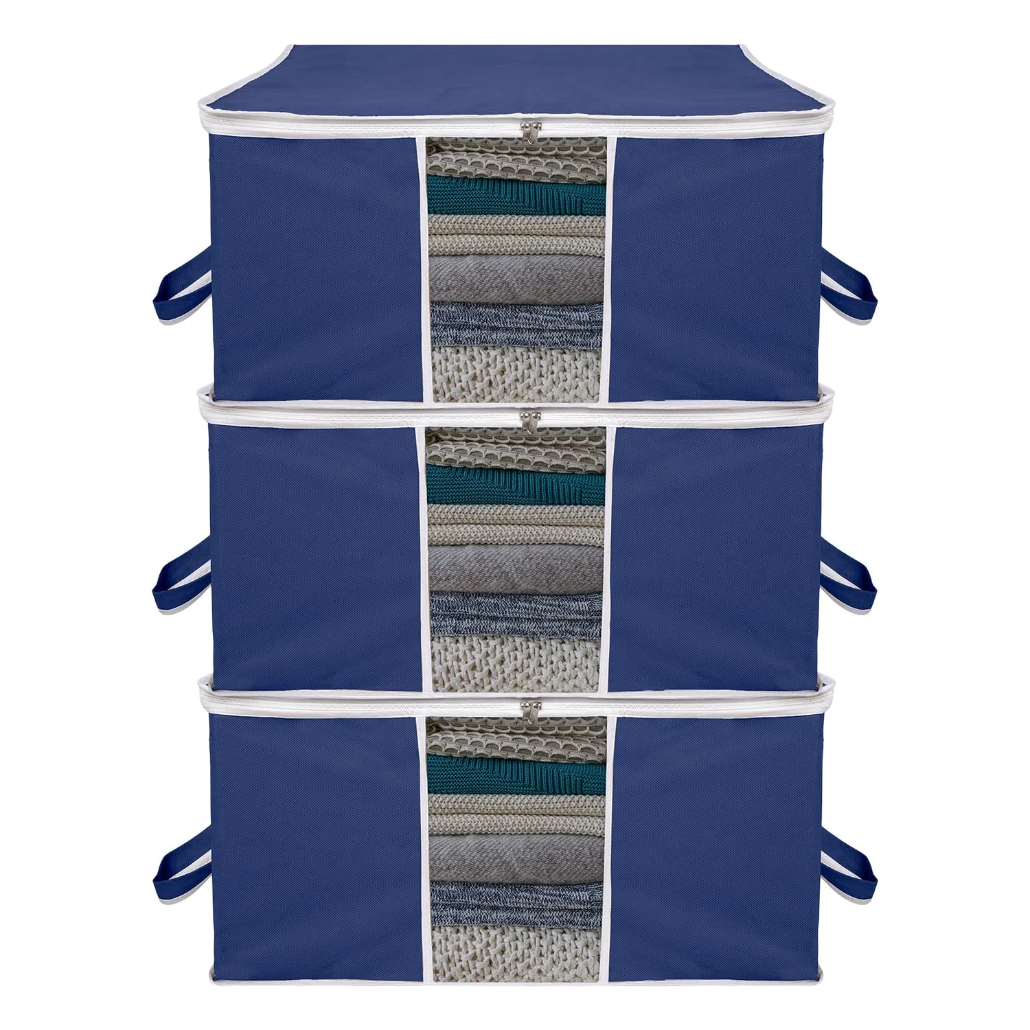 Kuber Industries Underbed Storage Bag | Clothes Storage Organizer | Blanket Cover with Clear Window | Zipper Closure & Handle Cloth Organizer | Plain White Border | Large | Pack of 3 | Navy Blue