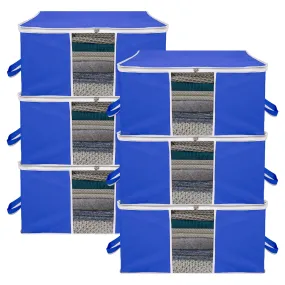 Kuber Industries Underbed Storage Bag | Clothes Storage Organizer | Blanket Cover with Clear Window | Zipper Closure & Handle Cloth Organizer | Plain White Border | Large | Pack of 6 | Royal Blue